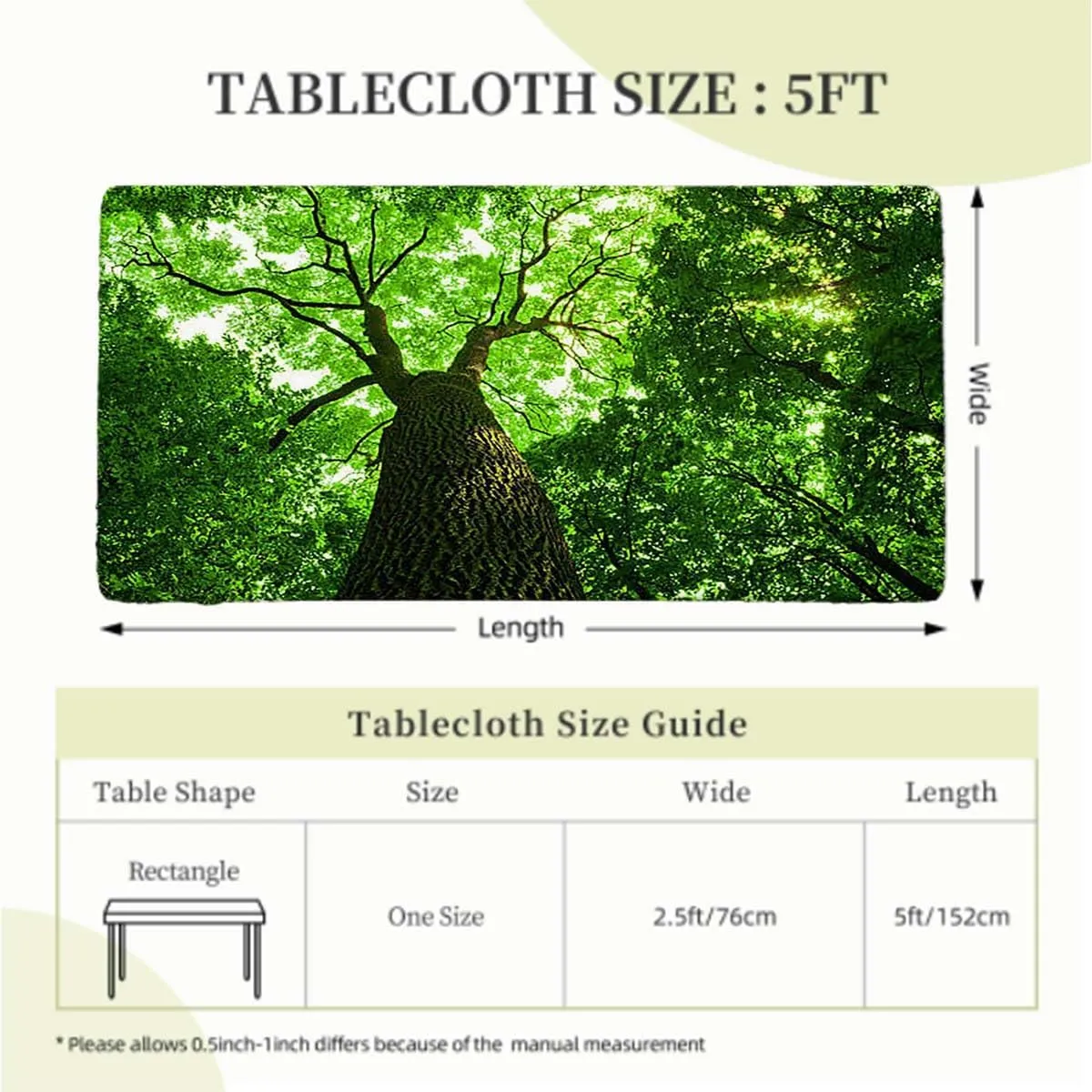 Green Elastic Fitted Tablecloths, Sunlights to Woodland Rays Dreamy Foliage Park Waterproof Wipeable Table Covers for Indoor, Outdoor Forest Fits up 5 Foot Tables