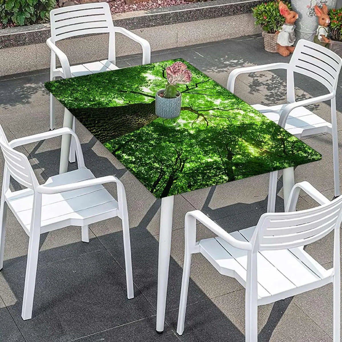 Green Elastic Fitted Tablecloths, Sunlights to Woodland Rays Dreamy Foliage Park Waterproof Wipeable Table Covers for Indoor, Outdoor Forest Fits up 5 Foot Tables