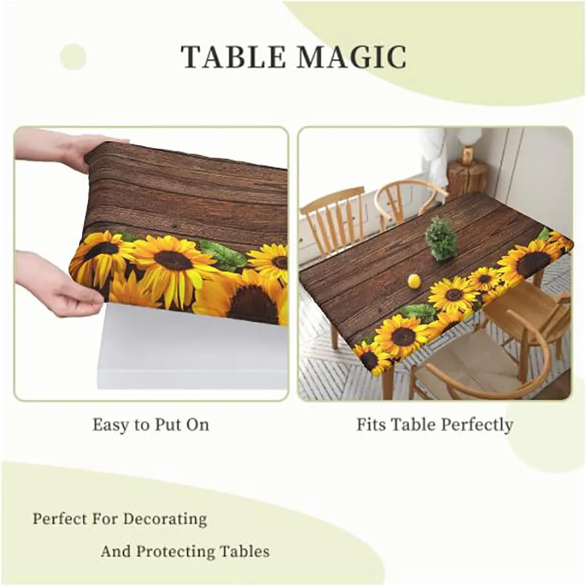 Green Elastic Fitted Tablecloths, Sunlights to Woodland Rays Dreamy Foliage Park Waterproof Wipeable Table Covers for Indoor, Outdoor Forest Fits up 5 Foot Tables