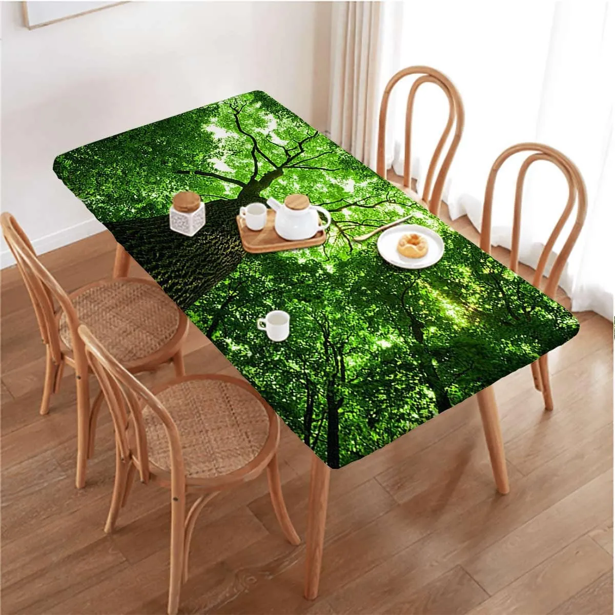 Green Elastic Fitted Tablecloths, Sunlights to Woodland Rays Dreamy Foliage Park Waterproof Wipeable Table Covers for Indoor, Outdoor Forest Fits up 5 Foot Tables