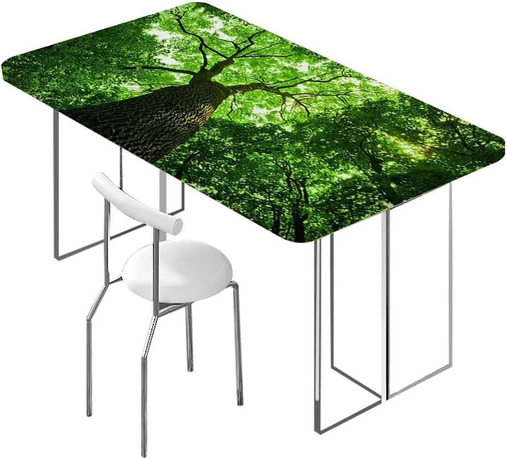 Green Elastic Fitted Tablecloths, Sunlights to Woodland Rays Dreamy Foliage Park Waterproof Wipeable Table Covers for Indoor, Outdoor Forest Fits up 5 Foot Tables