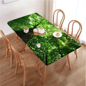 Green Elastic Fitted Tablecloths, Sunlights to Woodland Rays Dreamy Foliage Park Waterproof Wipeable Table Covers for Indoor, Outdoor Forest Fits up 5 Foot Tables