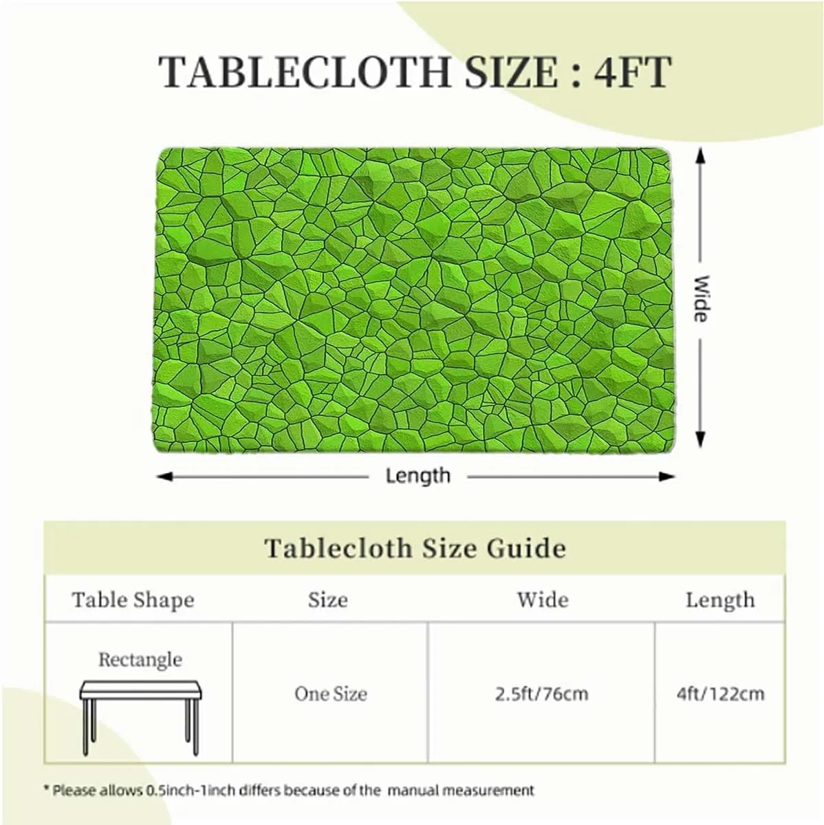 Green Rectangle Table Cloth Cover, Alligator Skin Pattern Luxury Lifestyle Waterproof Tablecloths for Picnic, Camping, Indoor, Outdoor Abstract Fits up 4 Foot Tables