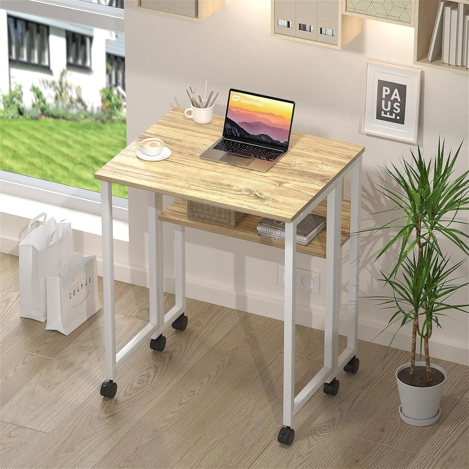 GreenForest Folding Desk Small Rolling Desk with Storage Shelf,24.8 inch Foldable Computer Desk with Wheels for Small Space,Easy Assembly,Oak