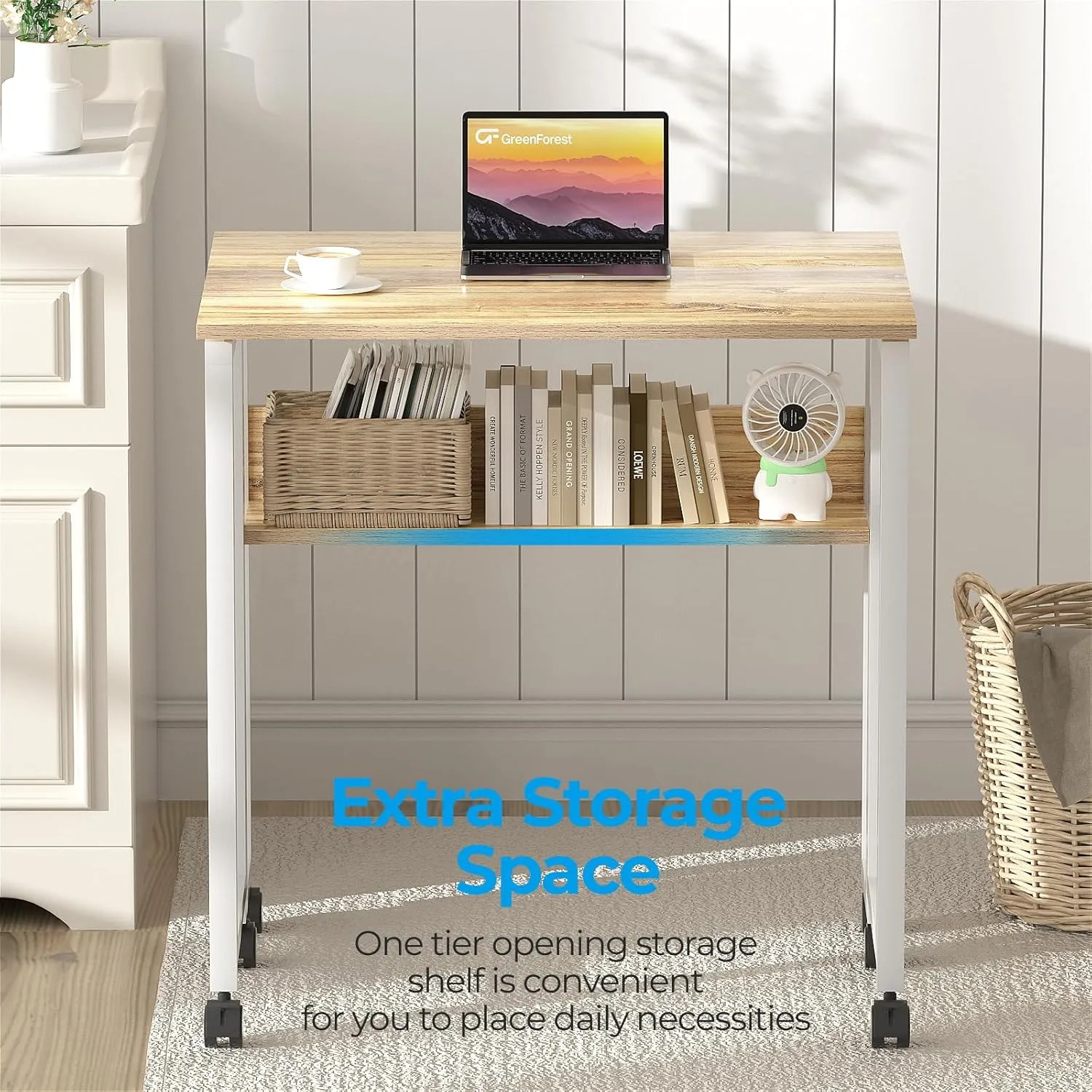 GreenForest Folding Desk Small Rolling Desk with Storage Shelf,24.8 inch Foldable Computer Desk with Wheels for Small Space,Easy Assembly,Oak