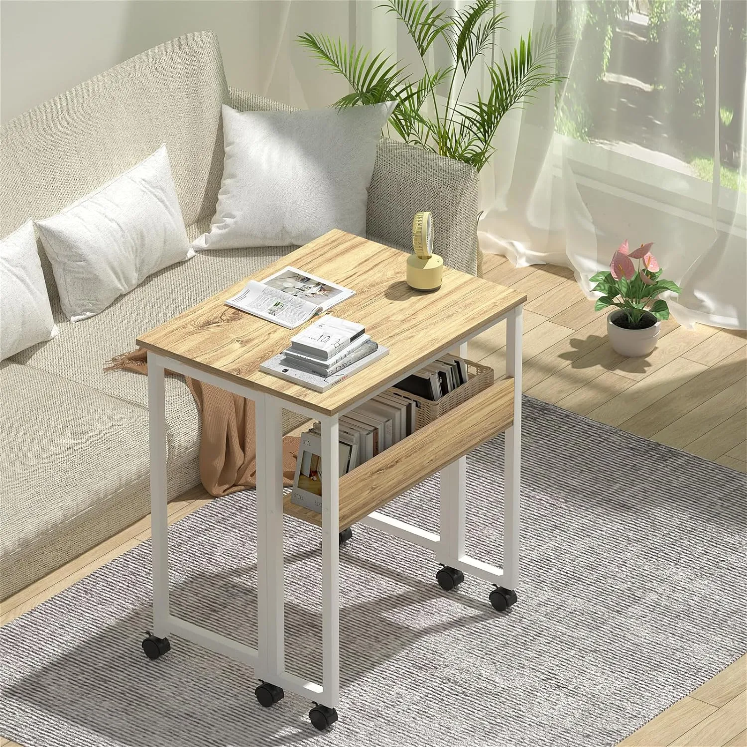 GreenForest Folding Desk Small Rolling Desk with Storage Shelf,24.8 inch Foldable Computer Desk with Wheels for Small Space,Easy Assembly,Oak
