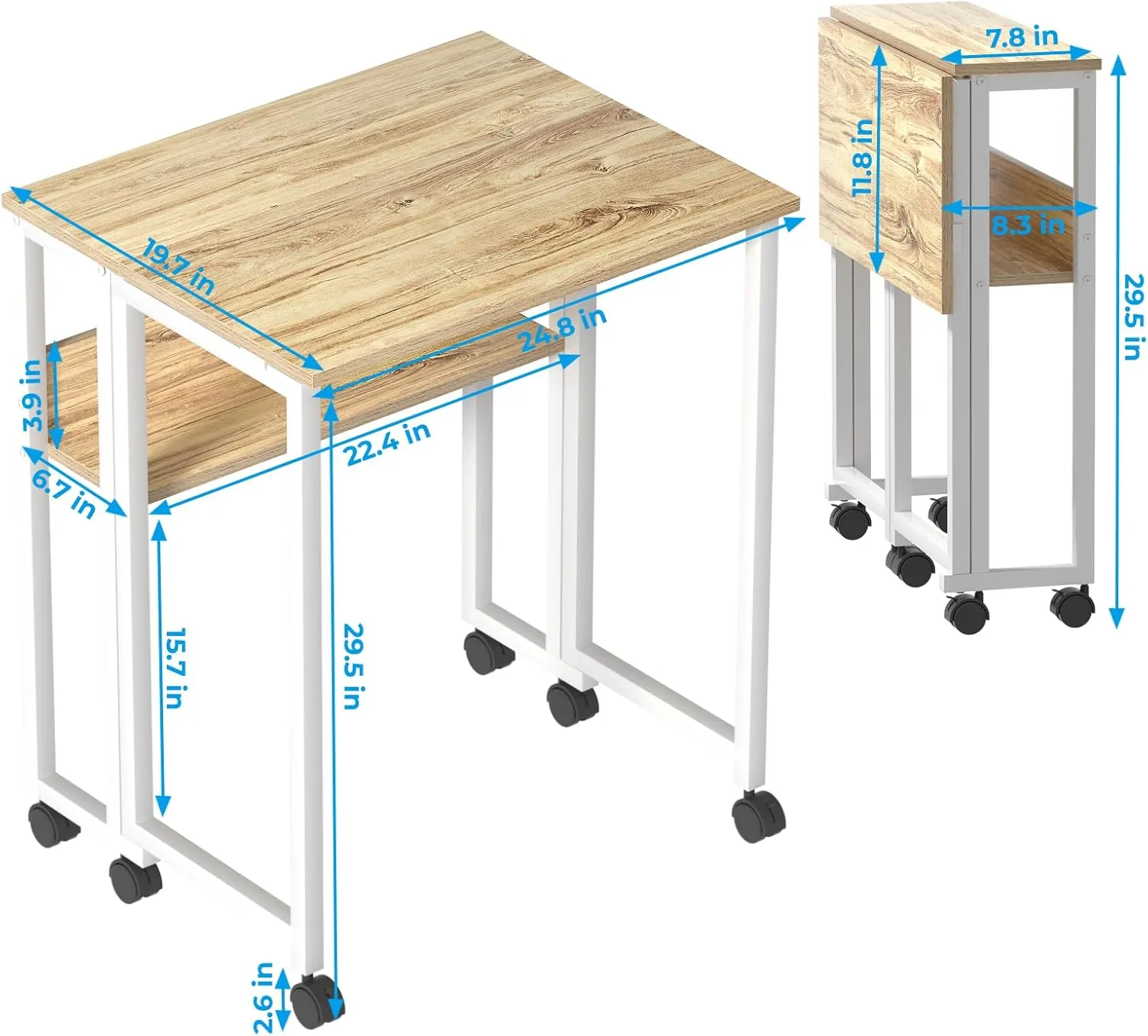 GreenForest Folding Desk Small Rolling Desk with Storage Shelf,24.8 inch Foldable Computer Desk with Wheels for Small Space,Easy Assembly,Oak