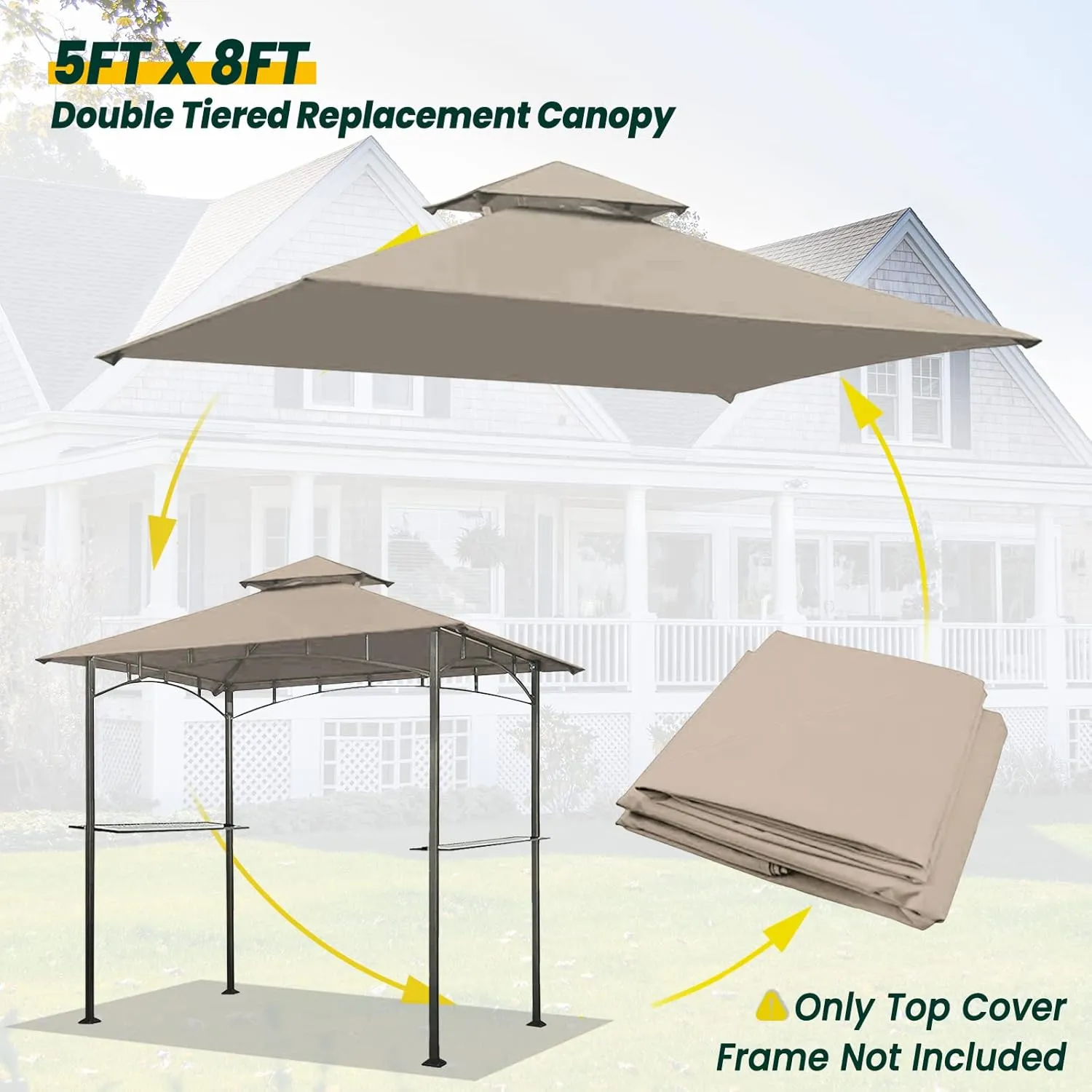 Grill Gazebo Replacement Canopy Roof, 5' x 8' Outdoor BBQ Gazebo Canopy Top Cover, Double Tired Grill Shelter Cover with Durable Polyester Fabric, Fit for Model L-GG001PST-F, Beige