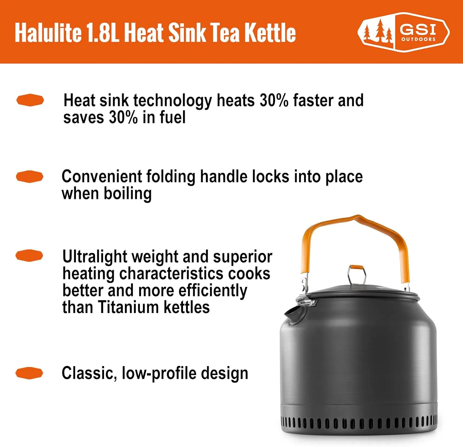 GSI Outdoors Halulite 1.8L Tea Kettle HS I Heat Sink Technology, Ultralight Camp Kettle