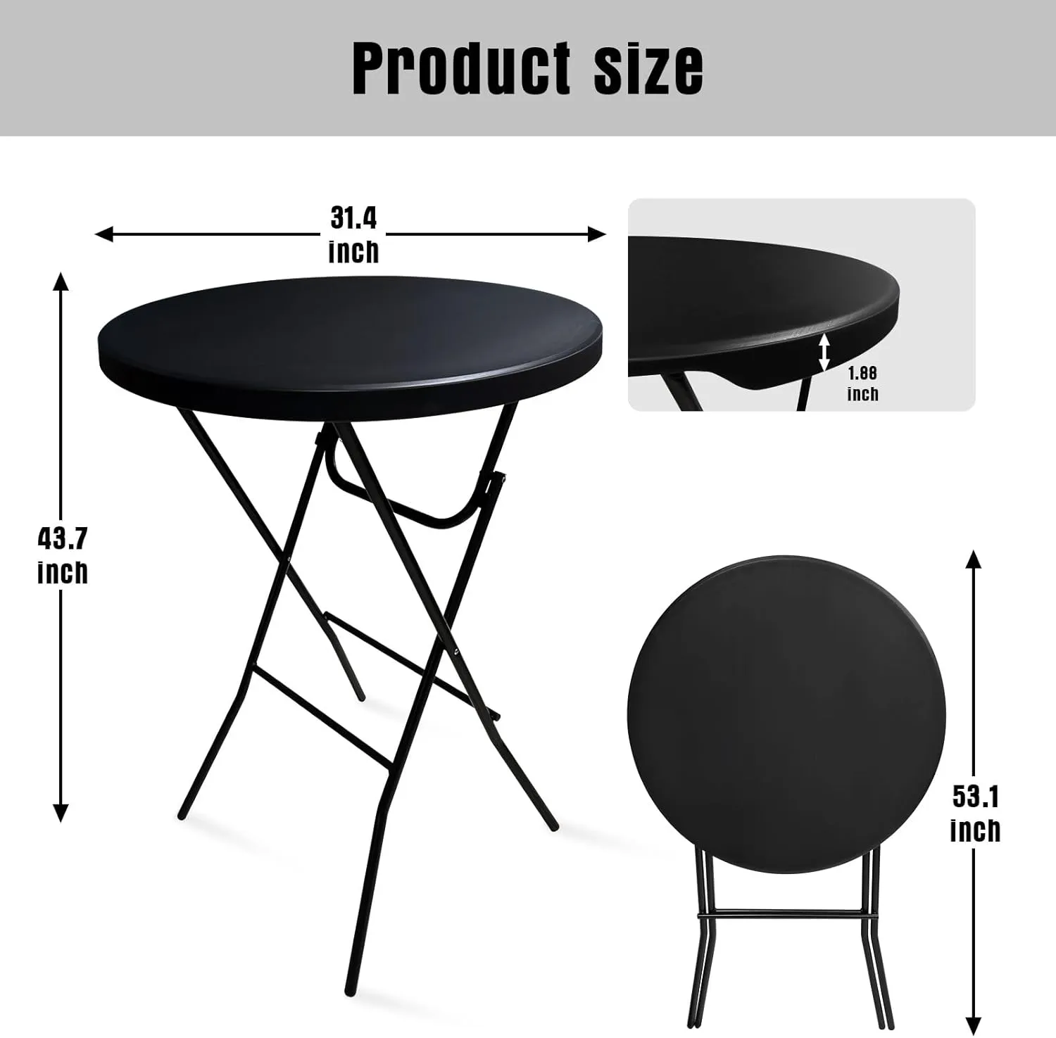 GUAGUA 32" Round Plastic Folding High Top Cocktail Table Portable Folding Bar Table with Removable Gray Legs, Indoor Outdoor for Parties, Speech, Dining (Black)