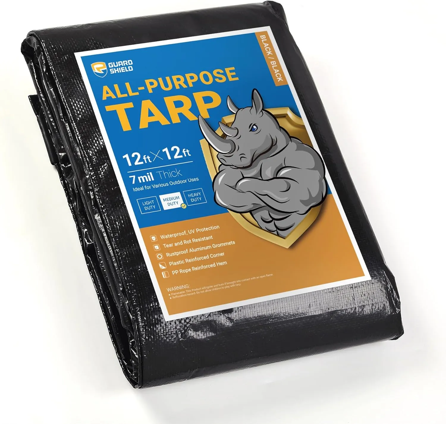 GUARD SHIELD Black Tarp Waterproof 12x12 Feet Medium Duty All Purpose Poly Tarps Cover 7mil
