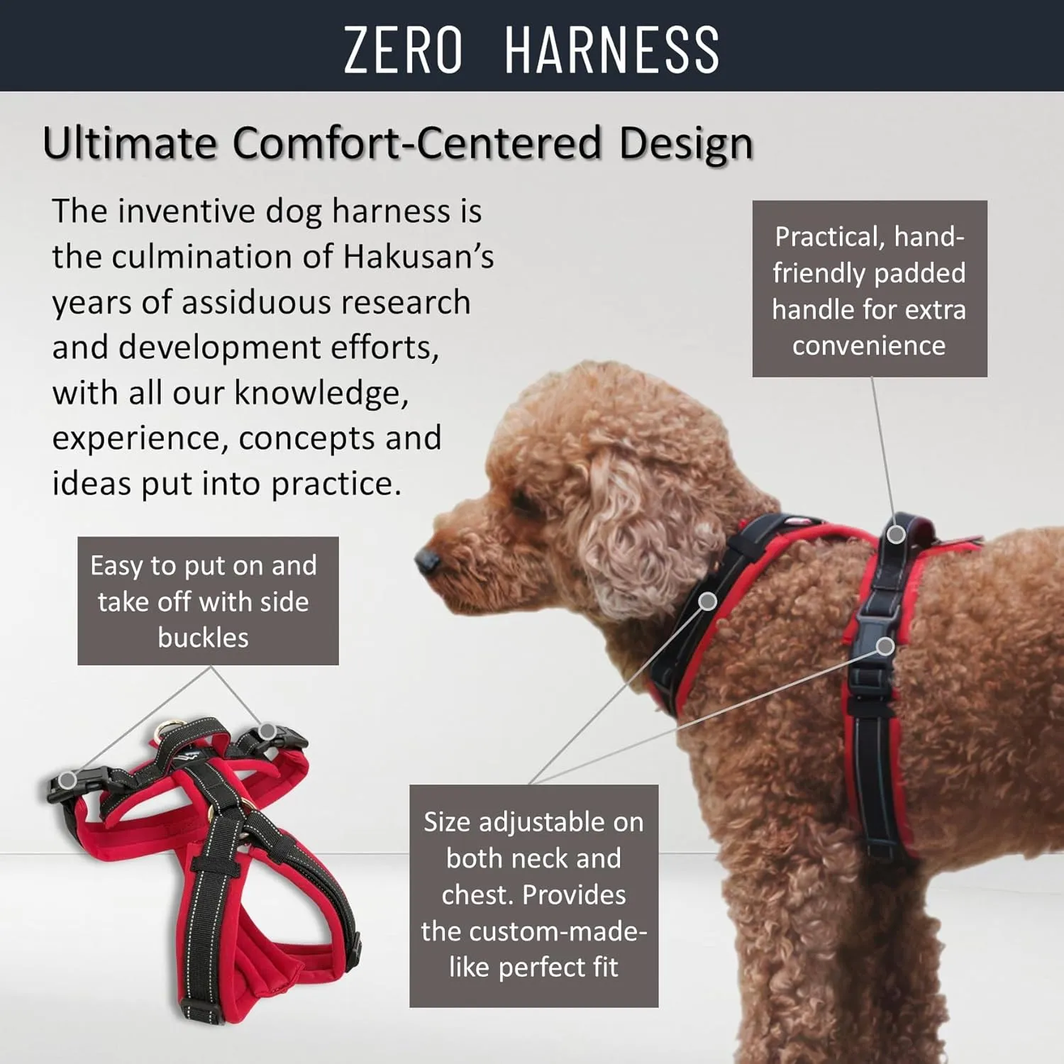 [白山:Hakusan] Zero Dog Harness Made by Japan, Safe - No chocking/Hard to Disconnect, Great fit - Easy Put on and Off/Adjustable, Reflector, S - Medium Dog, Two-Tone Navy x Red