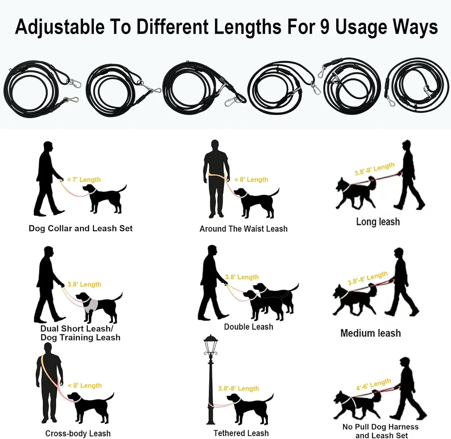 Hands Free Dog Leash Crossbody & Waist Leash for Dog Walking, 9-in-1 Waterproof Adjustable Puppy Collar and Pet Set No Pull Dog Harness for Large 20-120lb, Black