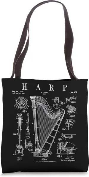 Harp Vintage Patent Harpist Drawing Print Tote Bag