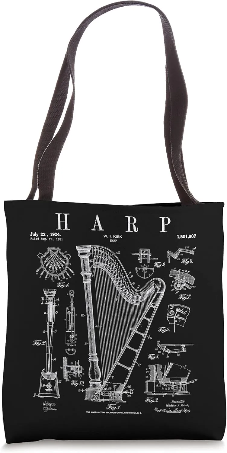 Harp Vintage Patent Harpist Drawing Print Tote Bag