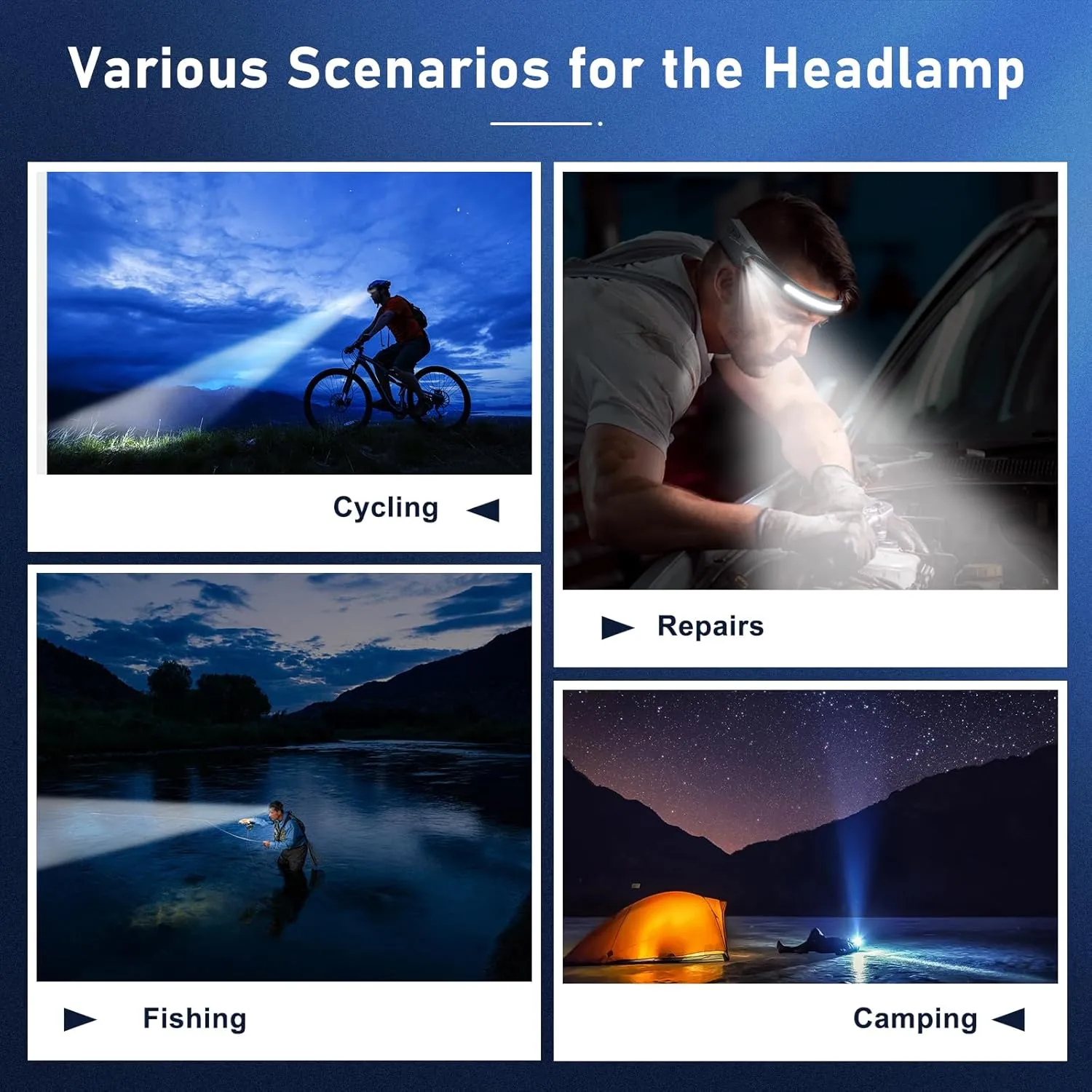 Headlamp Rechargeable (2-Pack, Gray), 230° Headband Light Forehead, USB Head lamp Band, 350 Lumen Super Bright, 5 Modes