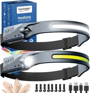 Headlamp Rechargeable (2-Pack, Gray), 230° Headband Light Forehead, USB Head lamp Band, 350 Lumen Super Bright, 5 Modes