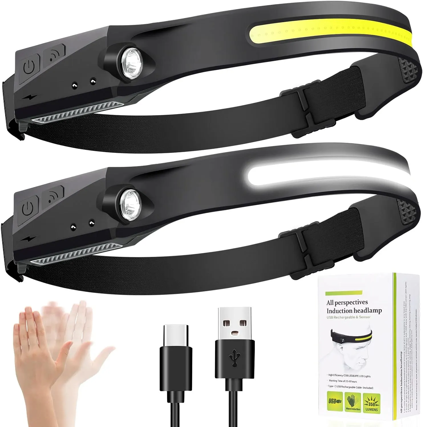 Headlamp Rechargeable 2Pack, Rechargeable LED Headlamp，230° Wide Beam,with Motion Sensor，5Brightness Modes, IPX6 Waterproof, High Lumen Headlight for Running,Repairing, Camping, Hiking, Fishing