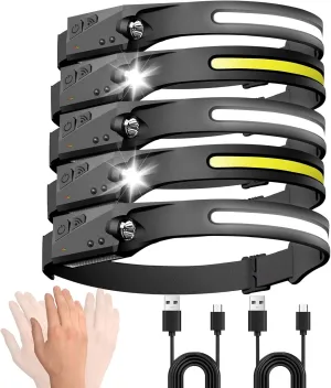 Headlamp Rechargeable 5 Packs, 230° Wide Beam Motion Sensor Head Lamps LED Rechargeable, Waterproof 5 Modes Head Lights for Forehead for Hiking Running Repairing Fishing Cycling Camping