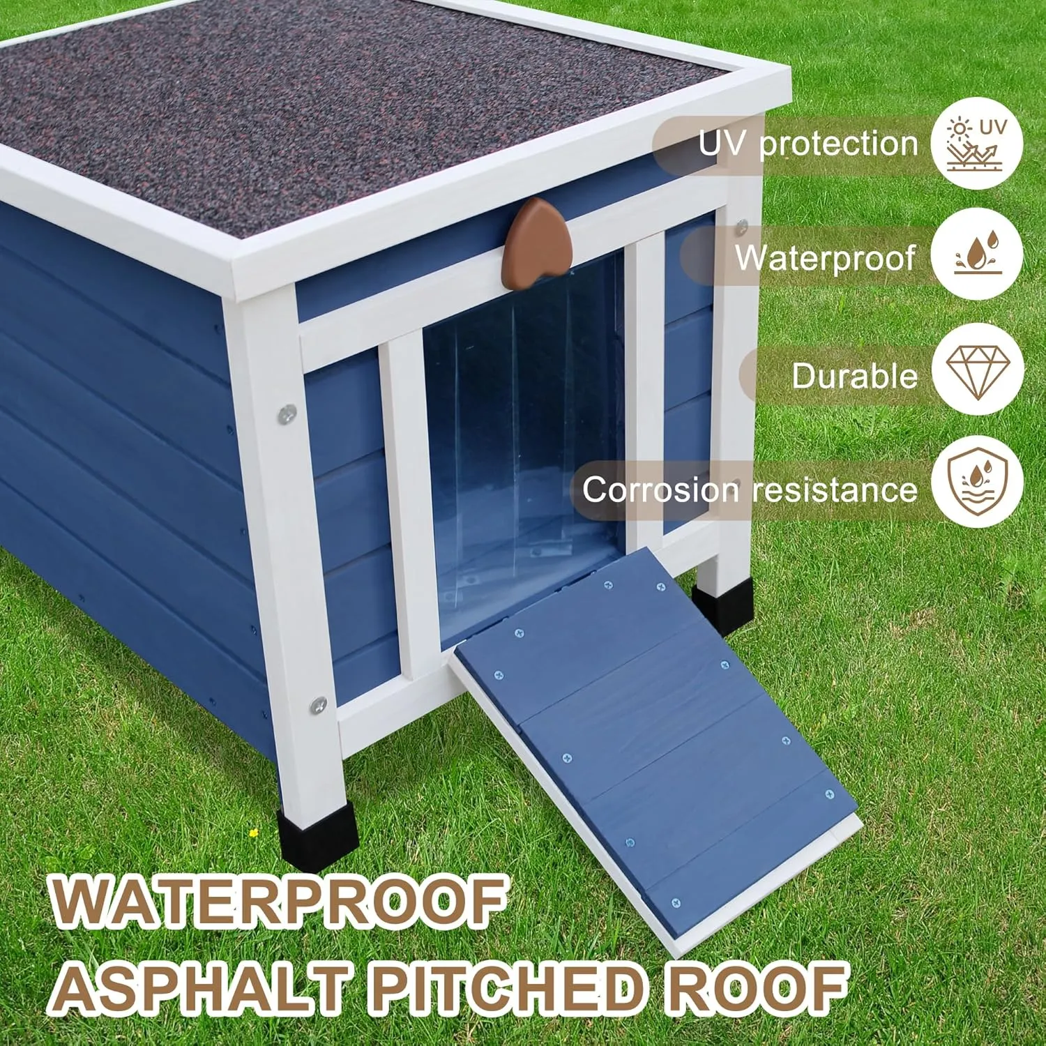 Hicaptain Cat House for Outdoor Cats - Weatherproof Feral Cat Shelter, Wooden Small Pet Habitat - Blue