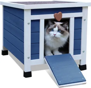 Hicaptain Cat House for Outdoor Cats - Weatherproof Feral Cat Shelter, Wooden Small Pet Habitat - Blue