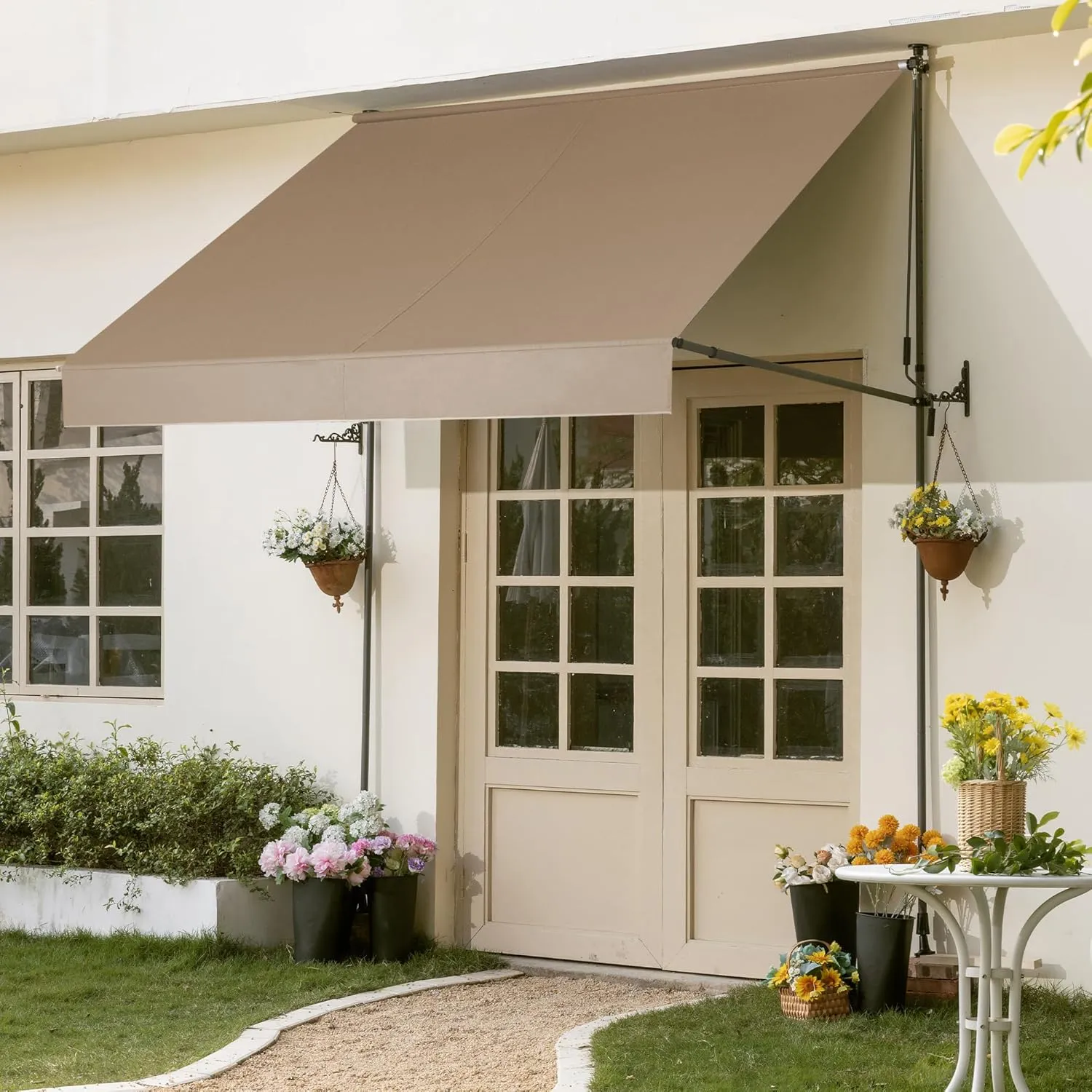 HOMEDEMO Manual Retractable Awning 79"x118" Patio Awning Retractable Outdoor Sunshade Shelter Polyester Height Adjustable Sunsetter Retractable Awning UV Protection for Backyard Garden Balcony Khaki