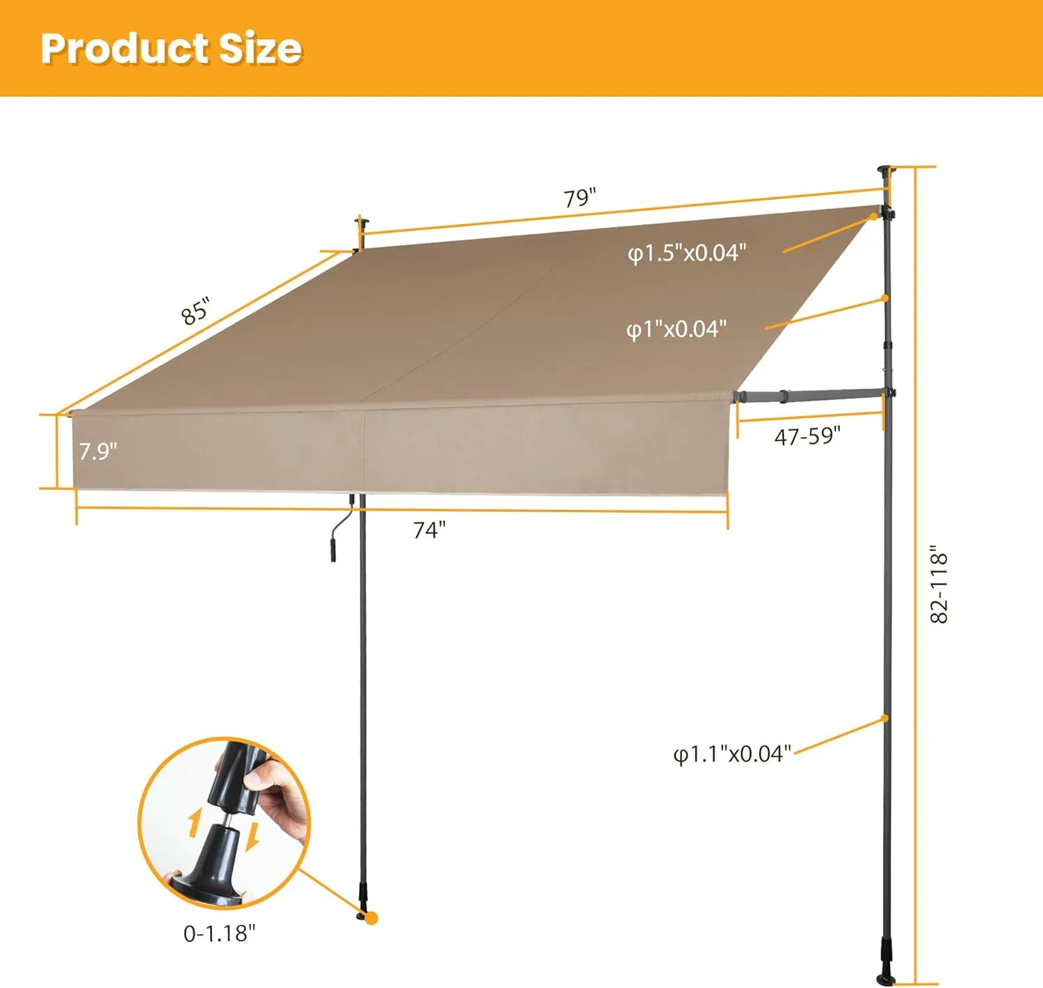 HOMEDEMO Manual Retractable Awning 79"x118" Patio Awning Retractable Outdoor Sunshade Shelter Polyester Height Adjustable Sunsetter Retractable Awning UV Protection for Backyard Garden Balcony Khaki