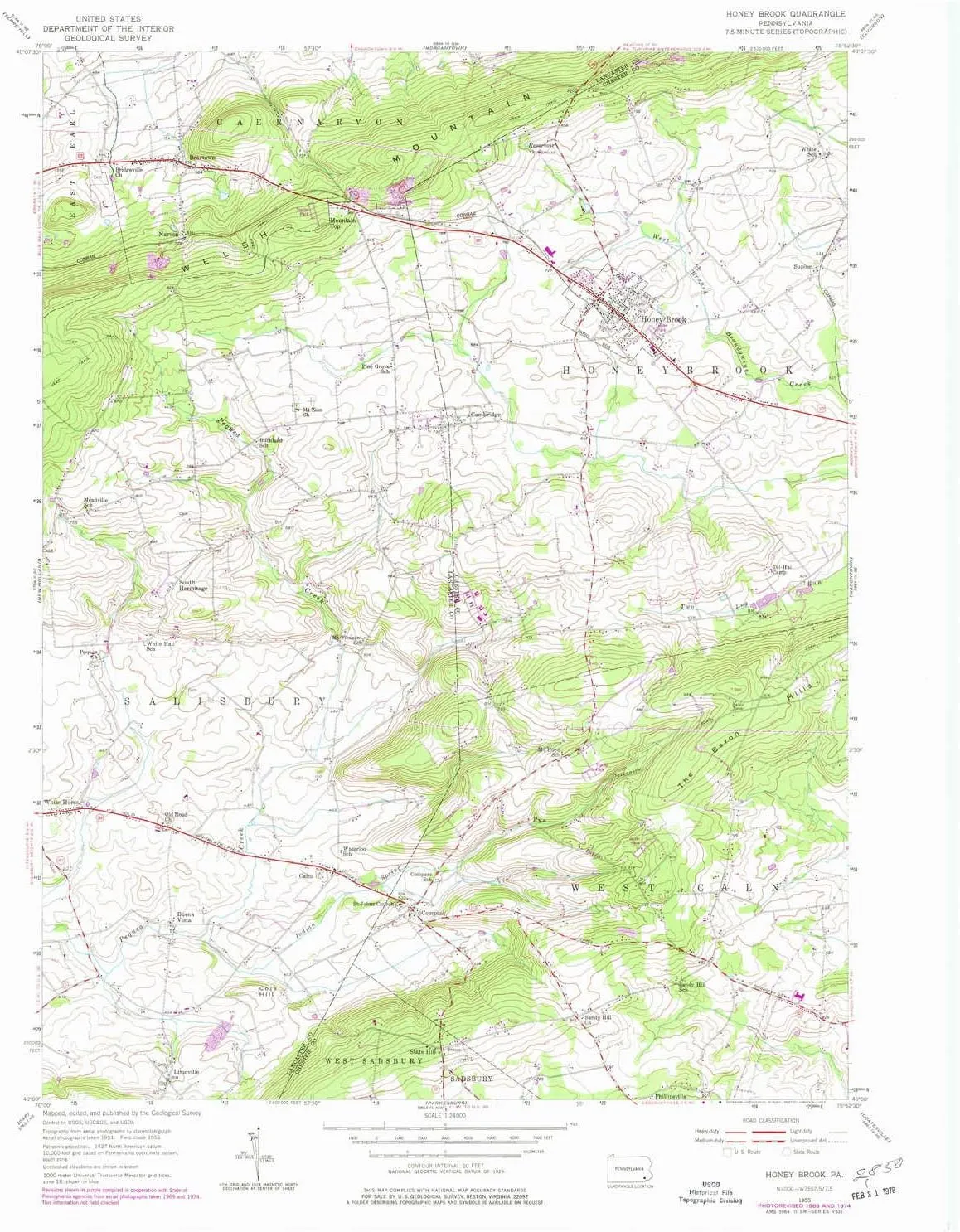 Honey Brook PA topo map, 1:24000 Scale, 7.5 X 7.5 Minute, Historical, 1955, Updated 1977, 27 x 22.1 in