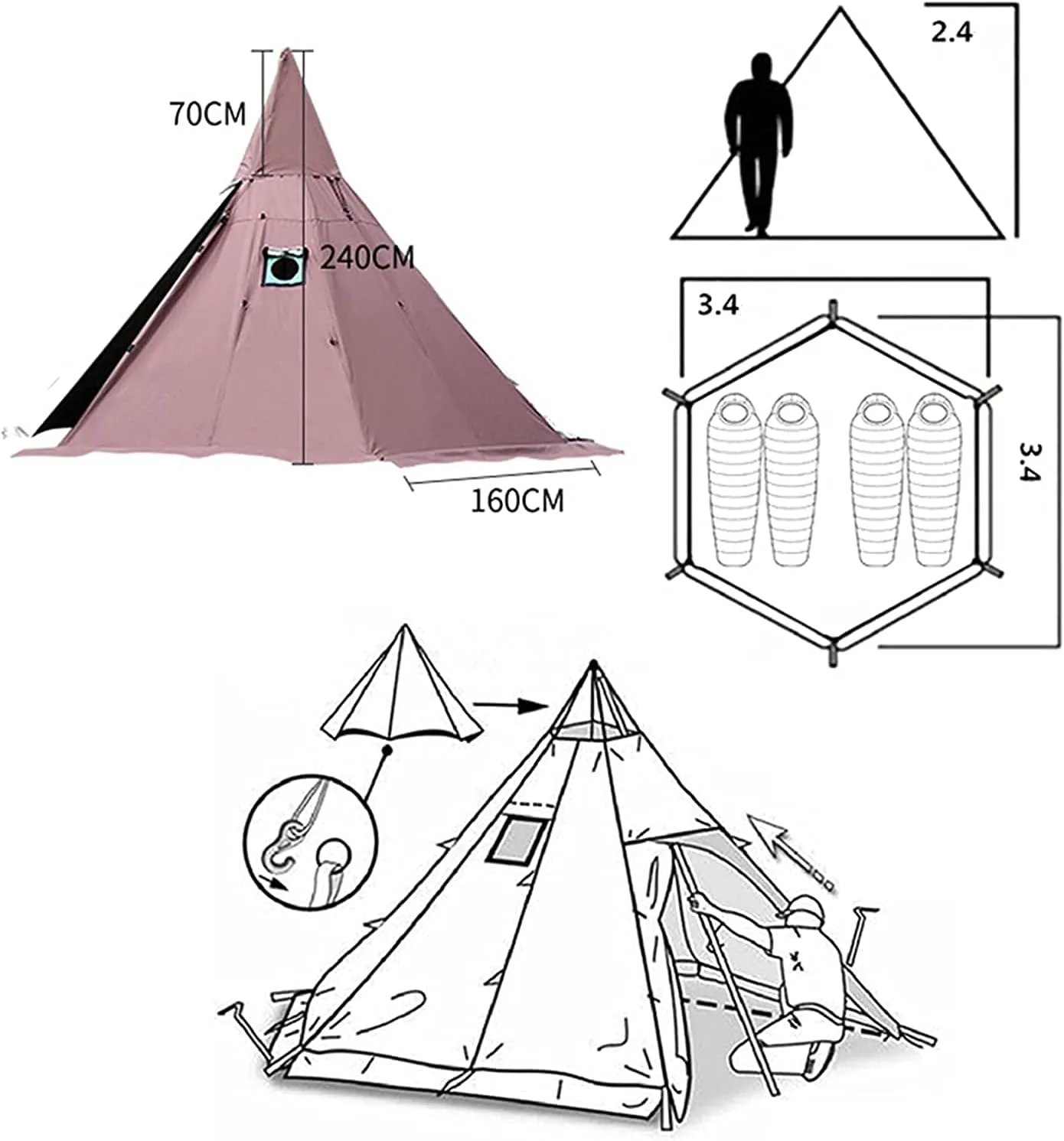 Hot Teepee Tents for Outdoor Backpacking Camping Hiking Pyramid Tent Double Layers Camping Indian Tent (White 340X240CM)