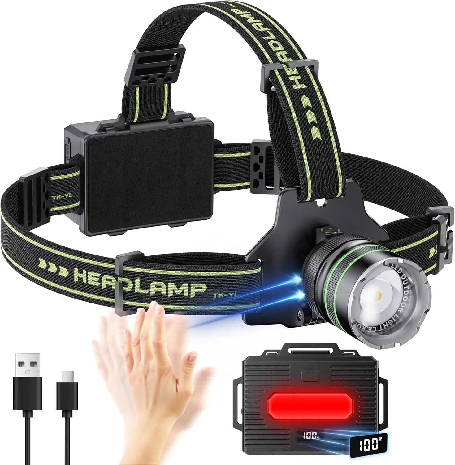 Hunting Headlamp Rechargeable LED 2000 High Lumens, 60 Hours Long Lasting Head Lamp with Zoomable & 10 Modes & IPX7 Waterproof & 90° Adjustable, Super Bright Headlight for Forehead, Outdoor, Working