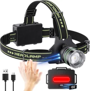 Hunting Headlamp Rechargeable LED 2000 High Lumens, 60 Hours Long Lasting Head Lamp with Zoomable & 10 Modes & IPX7 Waterproof & 90° Adjustable, Super Bright Headlight for Forehead, Outdoor, Working