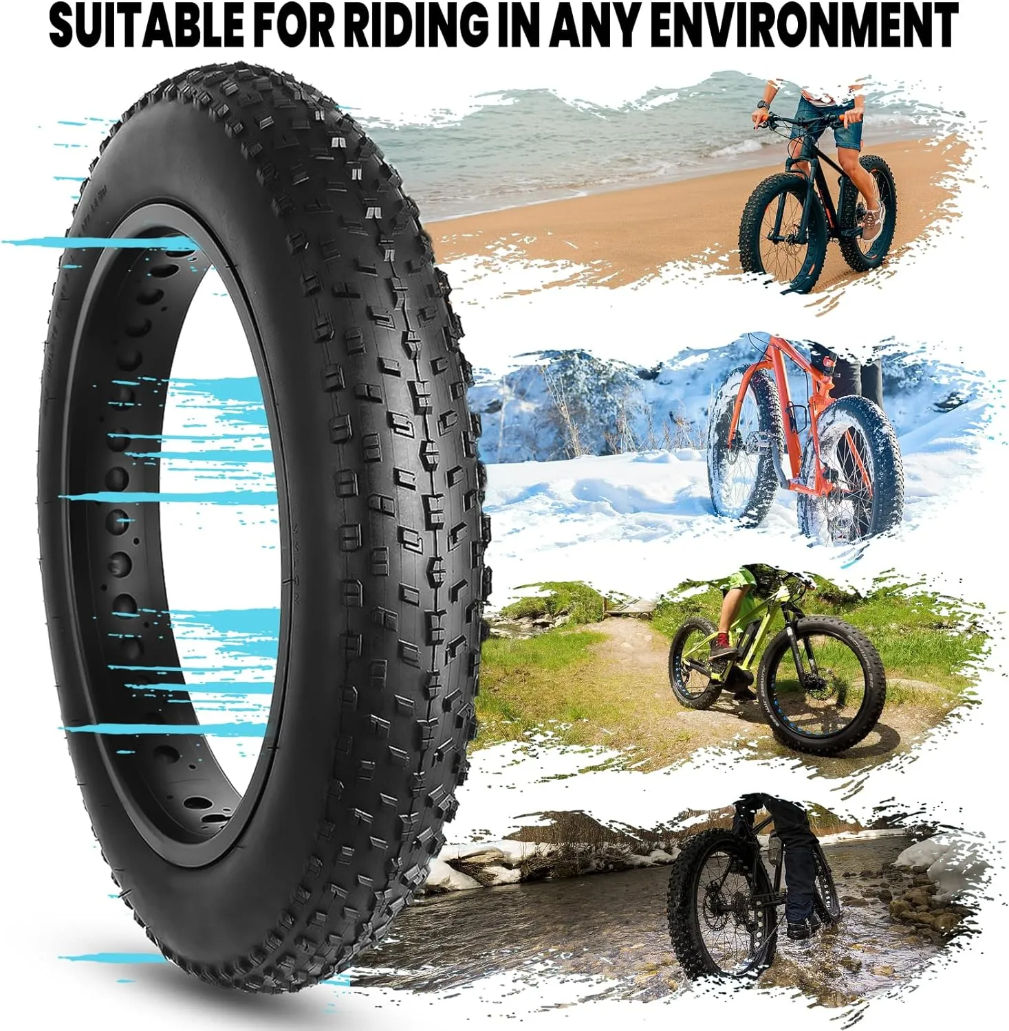 Hycline Fat Bike Replacement Tire: 20x4.0/26x4.0 Inch Puncture Resistant Folding MTB Bicycle Tires, All Terrain High-Density Bike Tires with Street or Trail Riding