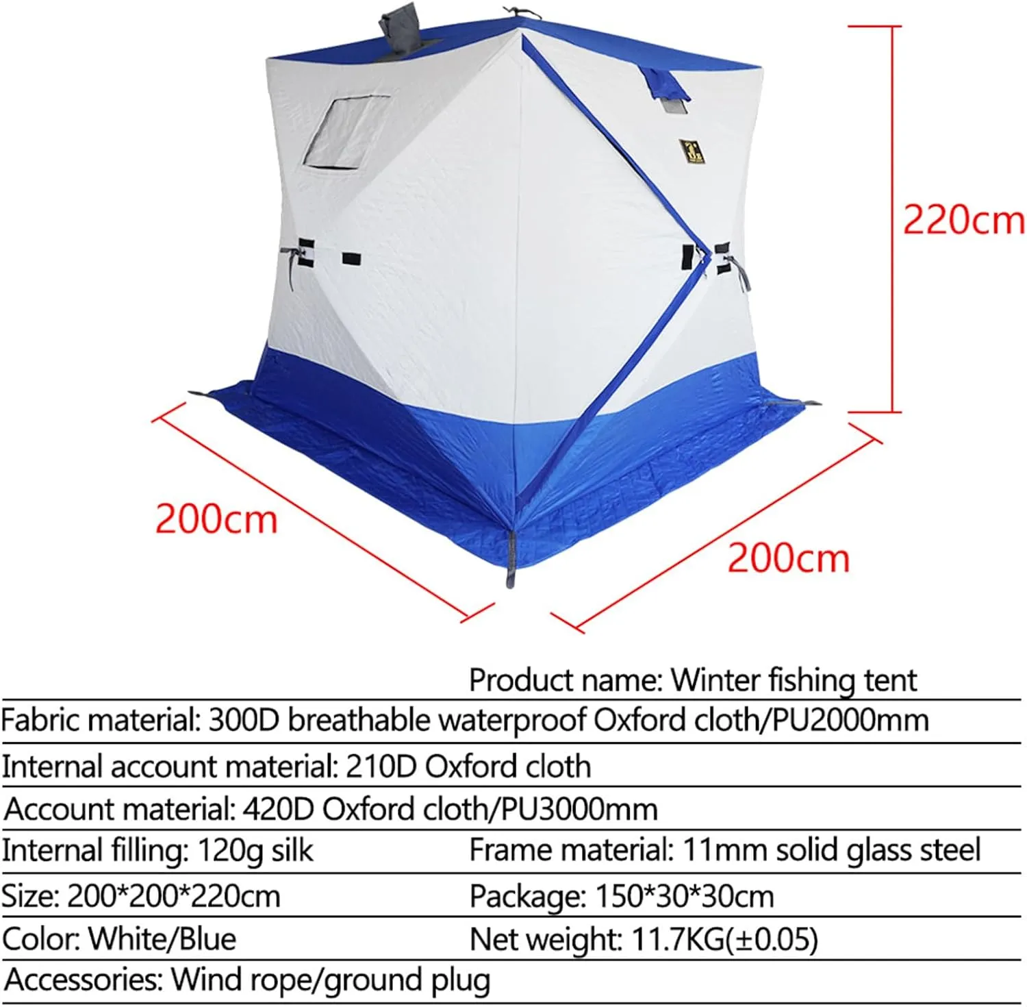 Ice Fishing Tent Waterproof 2-3 Person Pop-up Ice Fishing Shelter with Carrying Bag & Detachable Ventilation Windows Oxford Fabric Zippered (Blue 200x200x220cm)