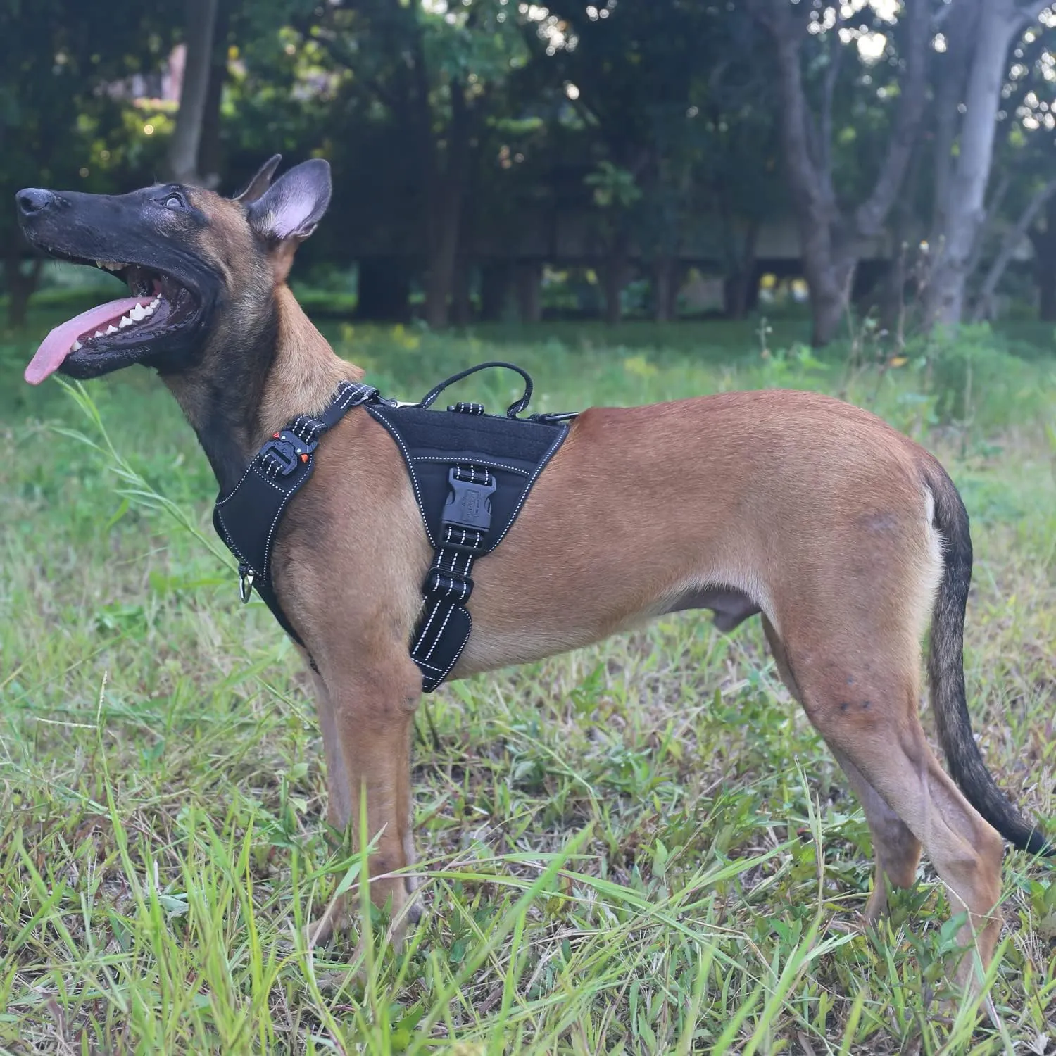 ICEFANG GN8 Quick-Moving Tactical Dog Harness with 2xMetal Buckles for Large Sized Dogs,Reflective K9 Vest,No-Pull Front Leash Clip,5-Points Adjustable Pet Harness (Black, Large (Pack of 1))