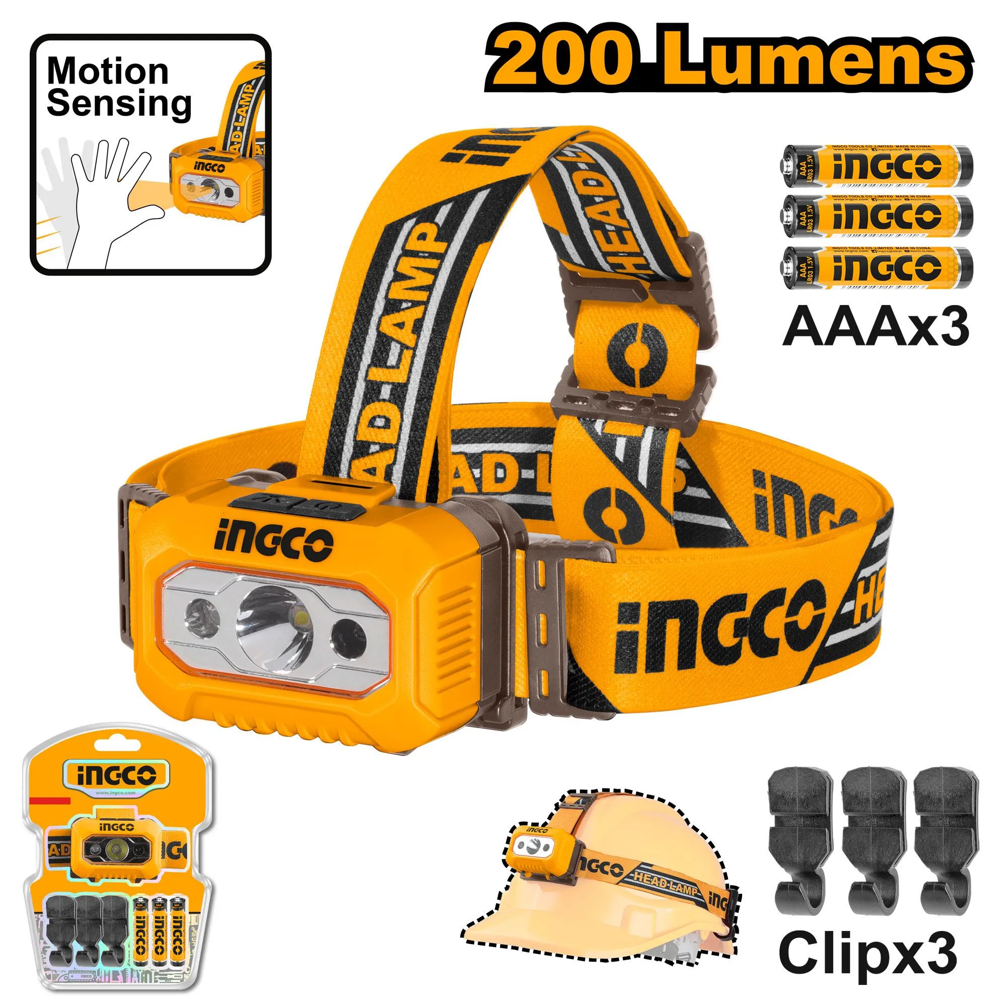 Ingco HHL013AAA8 Headlamp - 200 Lumens Brightness