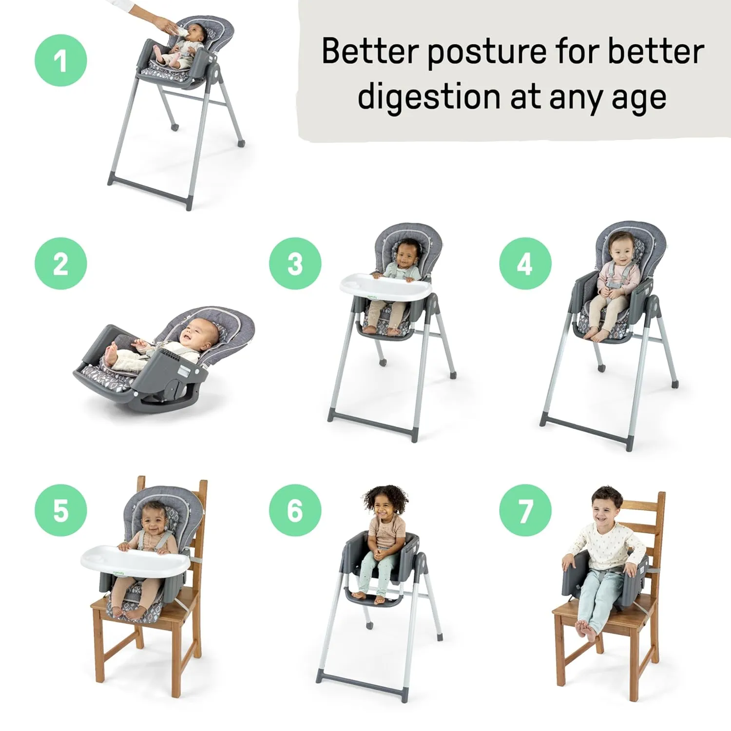 Ingenuity Proper Positioner Deluxe High Chair - 7-in-1 Convertible Baby Seat, Removable Rocking Infant Seat, Unisex, for Ages 0-36 Months