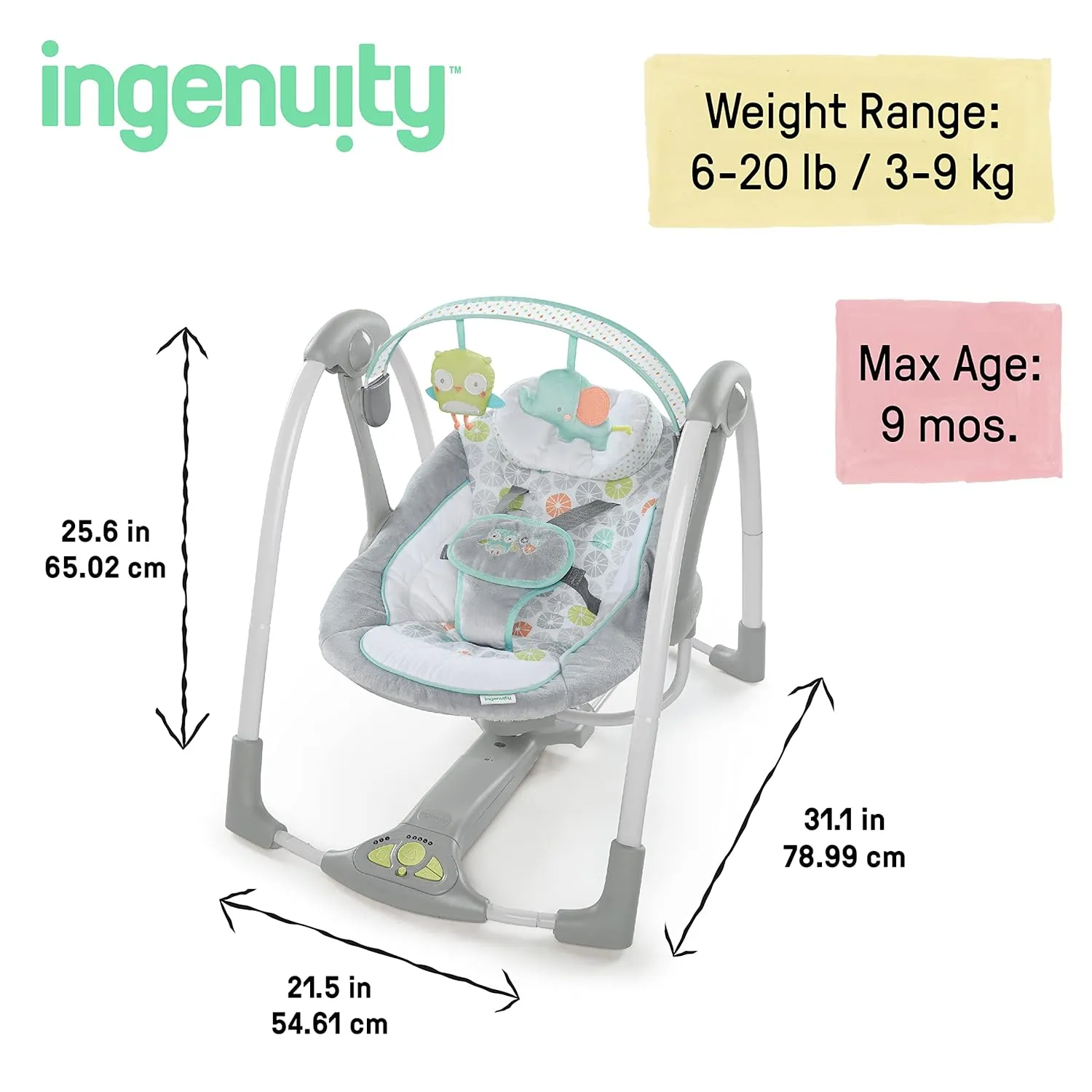 Ingenuity Swing 'n Go 5-Speed Baby Swing - Foldable, Portable, 2 Plush Toys & Sounds, 0-9 Months 6-20 lbs (Hugs & Hoots)