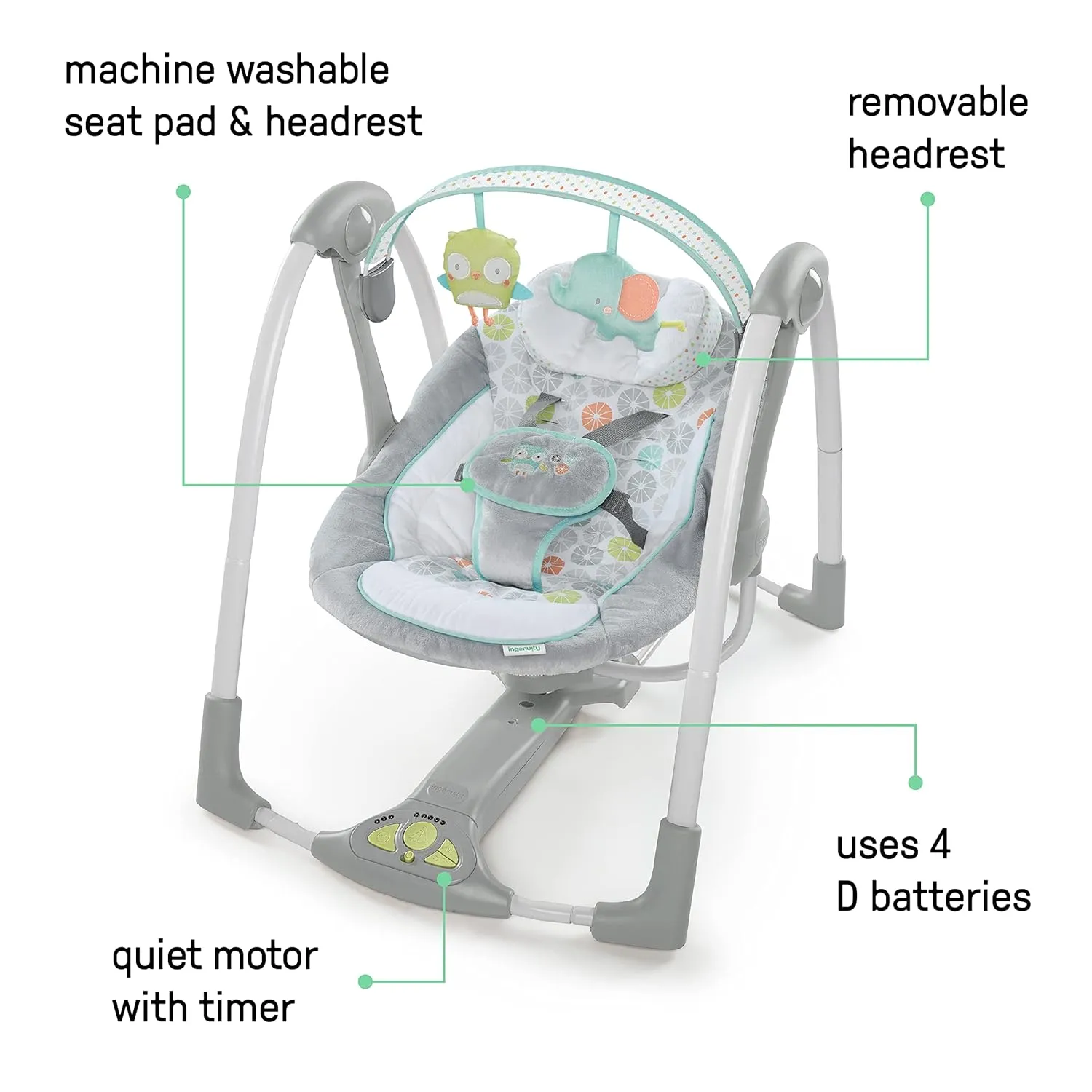 Ingenuity Swing 'n Go 5-Speed Baby Swing - Foldable, Portable, 2 Plush Toys & Sounds, 0-9 Months 6-20 lbs (Hugs & Hoots)
