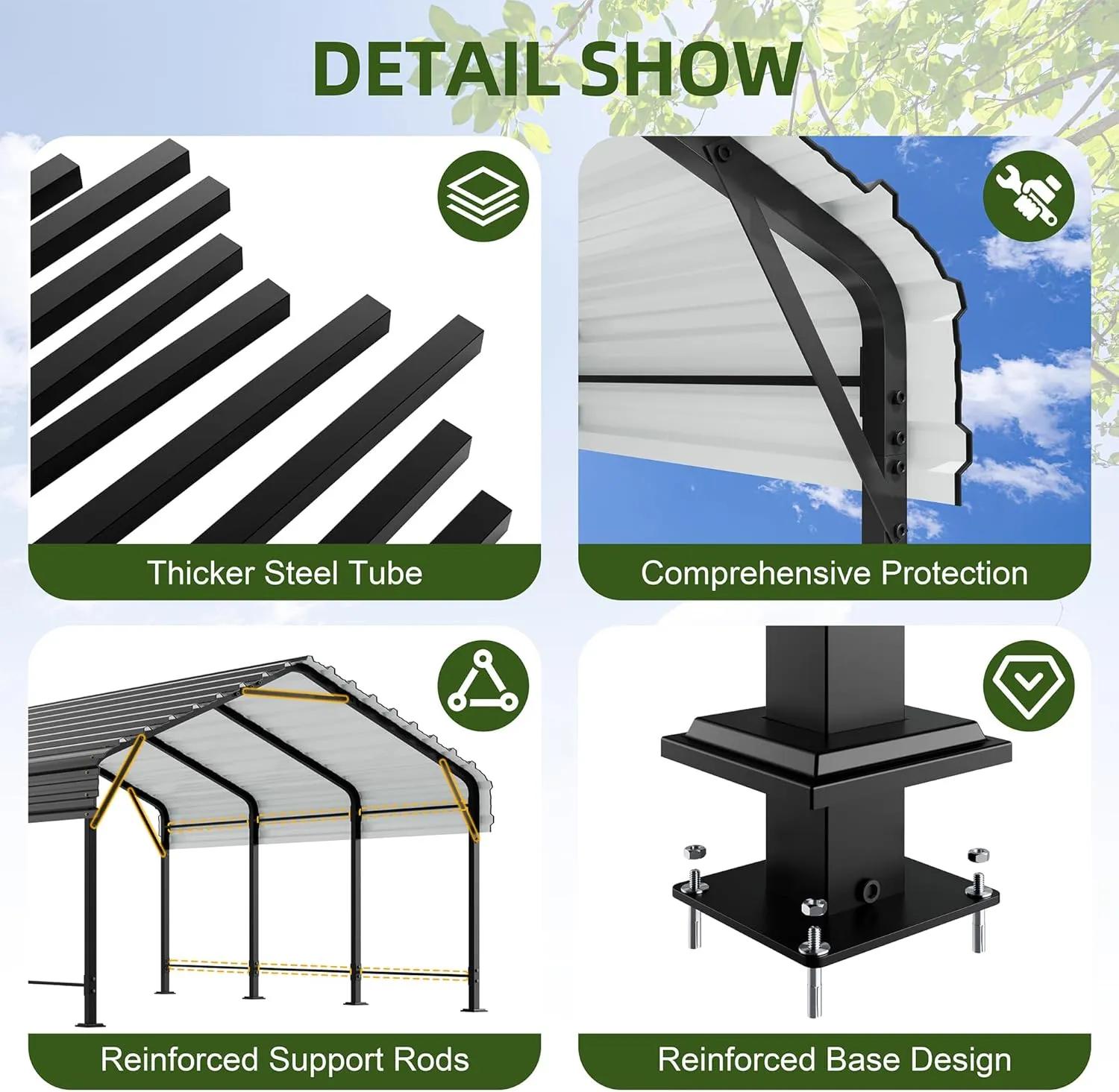 JAMFLY 12X20 FT Carport, Heavy Duty Carport Canopy with Galvanized Steel Roof and Frame, Metal Carport Upgraded Extra Large Garage for Pickup, Boat, Car and Tractors