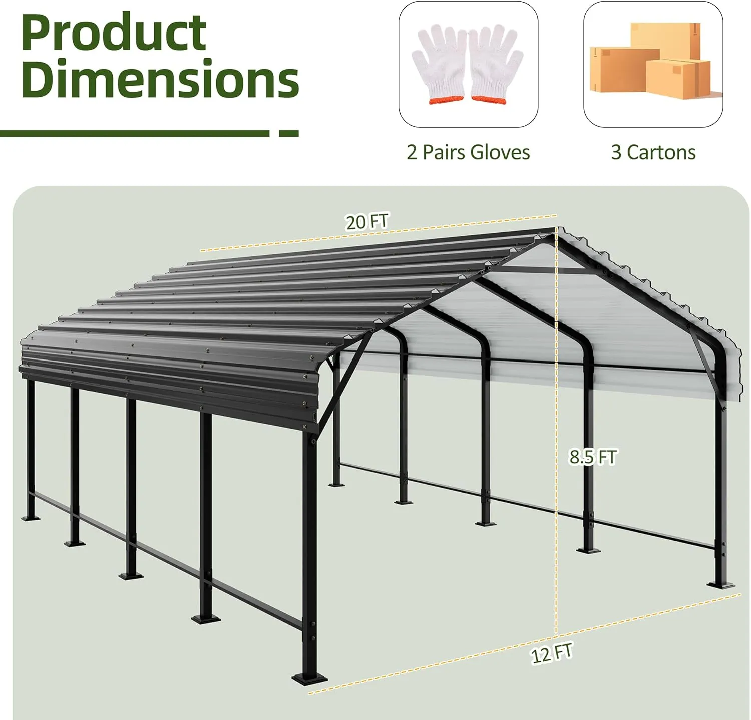 JAMFLY 12X20 FT Carport, Heavy Duty Carport Canopy with Galvanized Steel Roof and Frame, Metal Carport Upgraded Extra Large Garage for Pickup, Boat, Car and Tractors