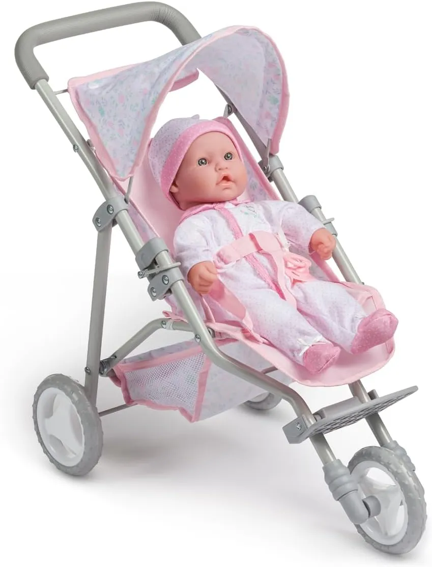 JC Toys | Berenguer Boutique |3 Wheeled Folding Doll Jogger Stroller | Pink | Ages 3 