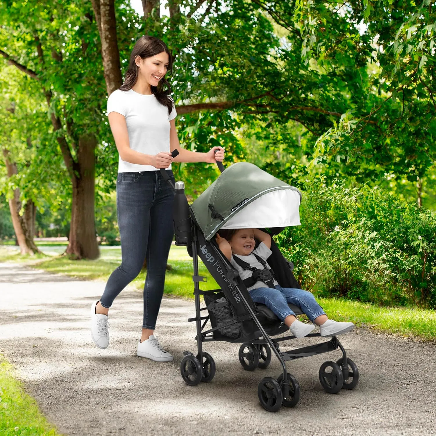 Jeep PowerGlyde Stroller by Delta Children Lightweight Travel Stroller with Smoothest Ride & Compact Fold, 3-Position Recline, Extra Large Storage Basket, Olive Green