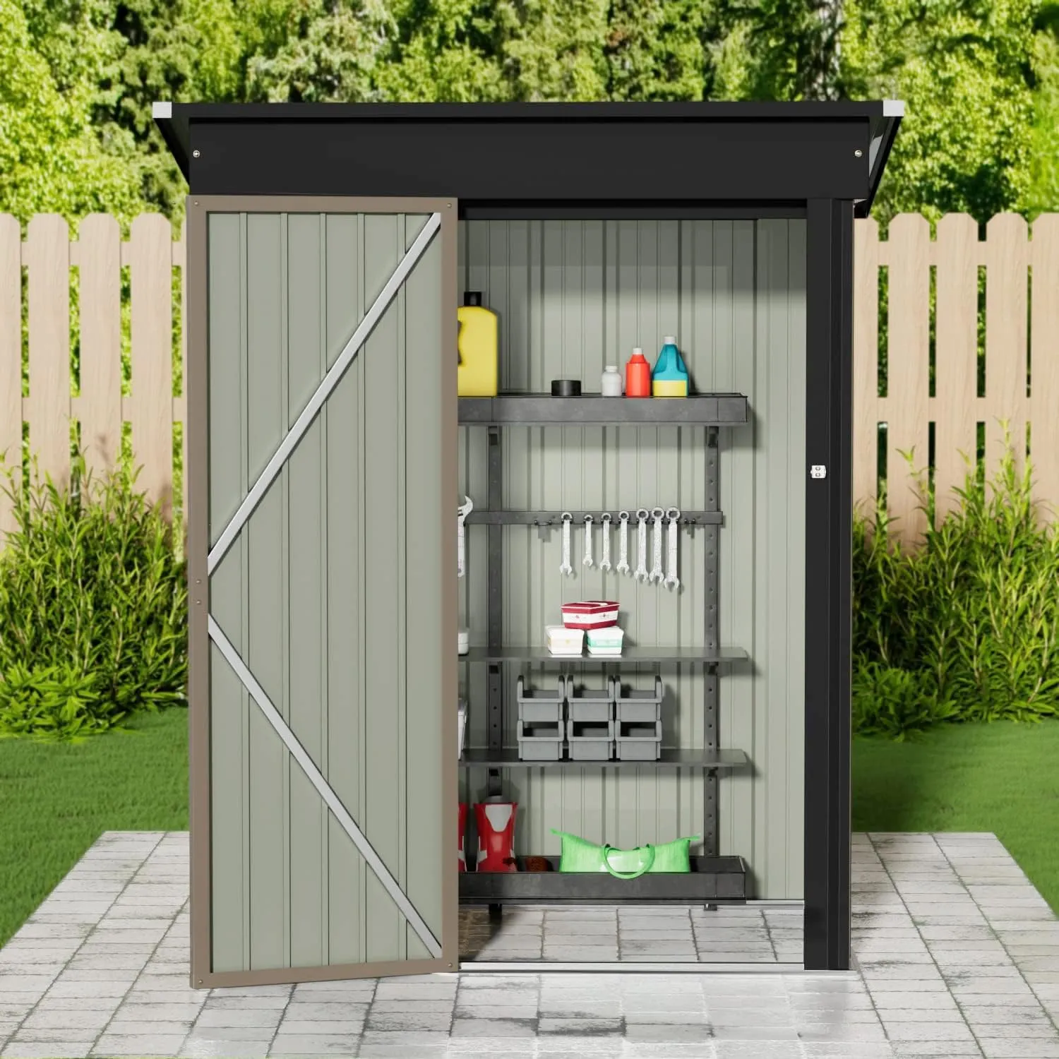 JUMMICO Metal Outdoor Storage Shed 5 x 3 FT Metal Shed with Lockable Door,Waterproof Garden Tool Shed Storage House for Backyard Patio Lawn, Brown