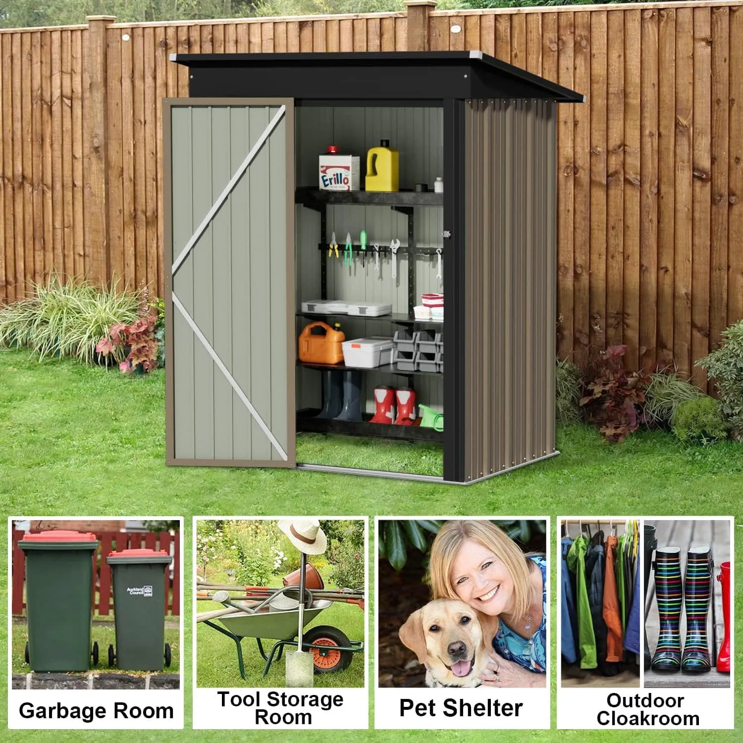JUMMICO Metal Outdoor Storage Shed 5 x 3 FT Metal Shed with Lockable Door,Waterproof Garden Tool Shed Storage House for Backyard Patio Lawn, Brown