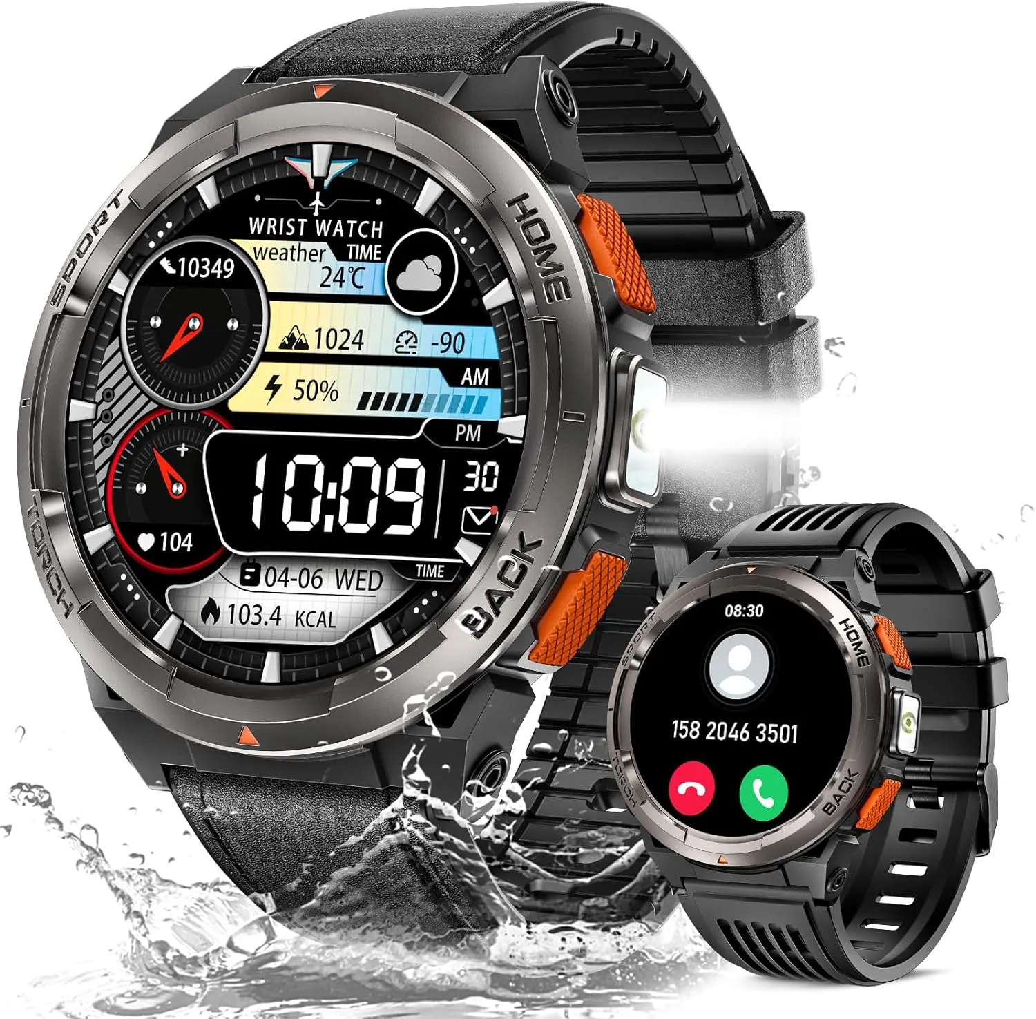 KE5 Military Smart Watch for Men with Flashlight SOS 3ATM Waterproof Watch 530mAh Big Battery 1.45" Rugged Tactical Smartwatch with Compass Elevation Barometer Fitness Watch for iPhone (Leather)