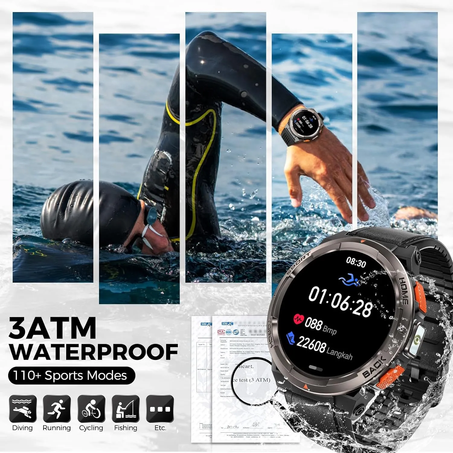 KE5 Military Smart Watch for Men with Flashlight SOS 3ATM Waterproof Watch 530mAh Big Battery 1.45" Rugged Tactical Smartwatch with Compass Elevation Barometer Fitness Watch for iPhone (Leather)