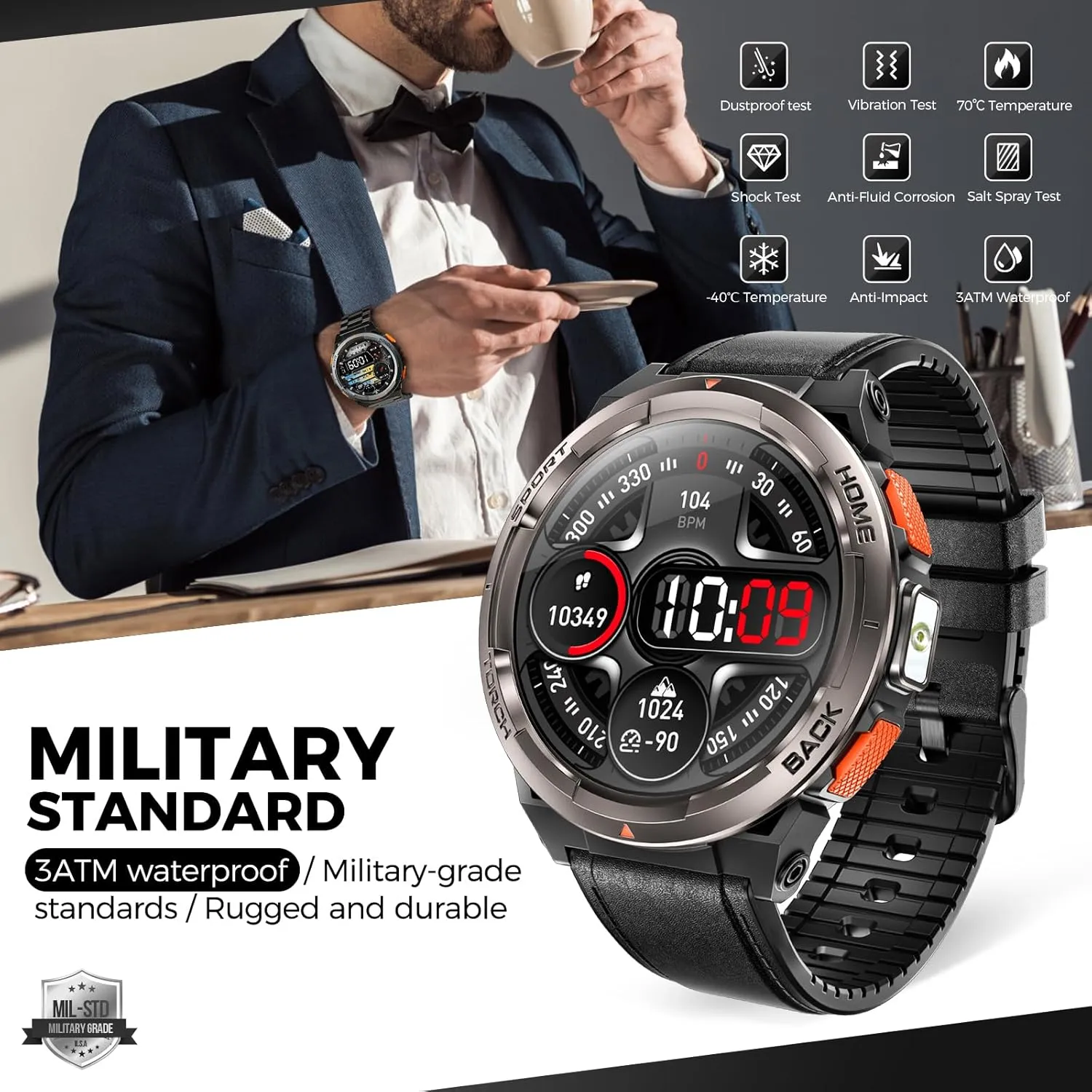 KE5 Military Smart Watch for Men with Flashlight SOS 3ATM Waterproof Watch 530mAh Big Battery 1.45" Rugged Tactical Smartwatch with Compass Elevation Barometer Fitness Watch for iPhone (Leather)