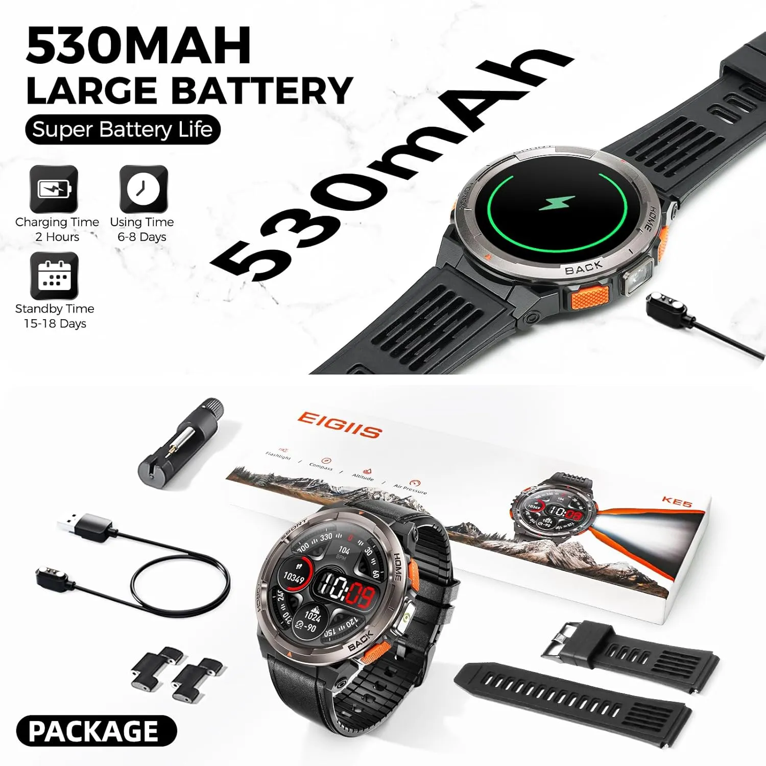 KE5 Military Smart Watch for Men with Flashlight SOS 3ATM Waterproof Watch 530mAh Big Battery 1.45" Rugged Tactical Smartwatch with Compass Elevation Barometer Fitness Watch for iPhone (Leather)