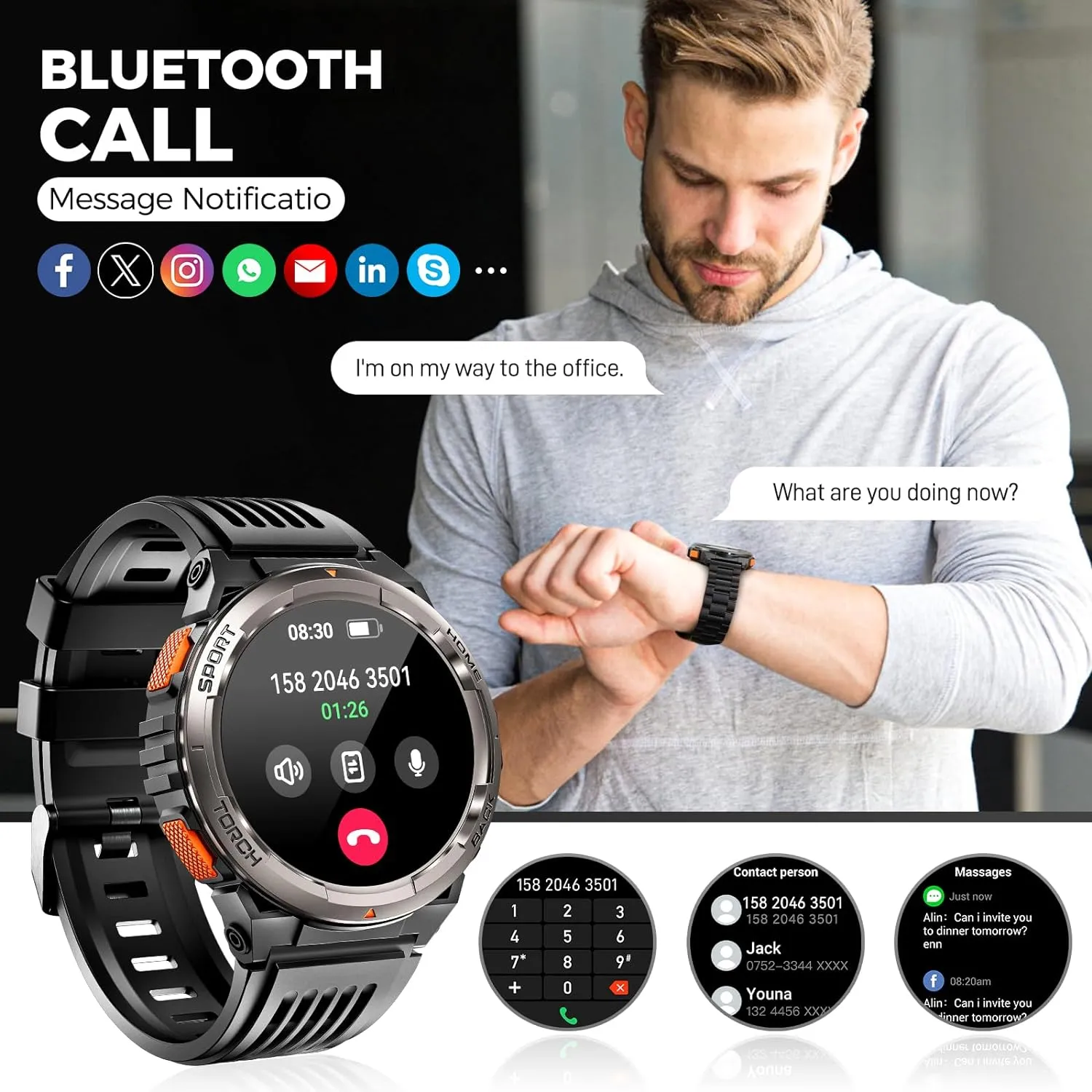 KE5 Military Smart Watch for Men with Flashlight SOS 3ATM Waterproof Watch 530mAh Big Battery 1.45" Rugged Tactical Smartwatch with Compass Elevation Barometer Fitness Watch for iPhone (Leather)