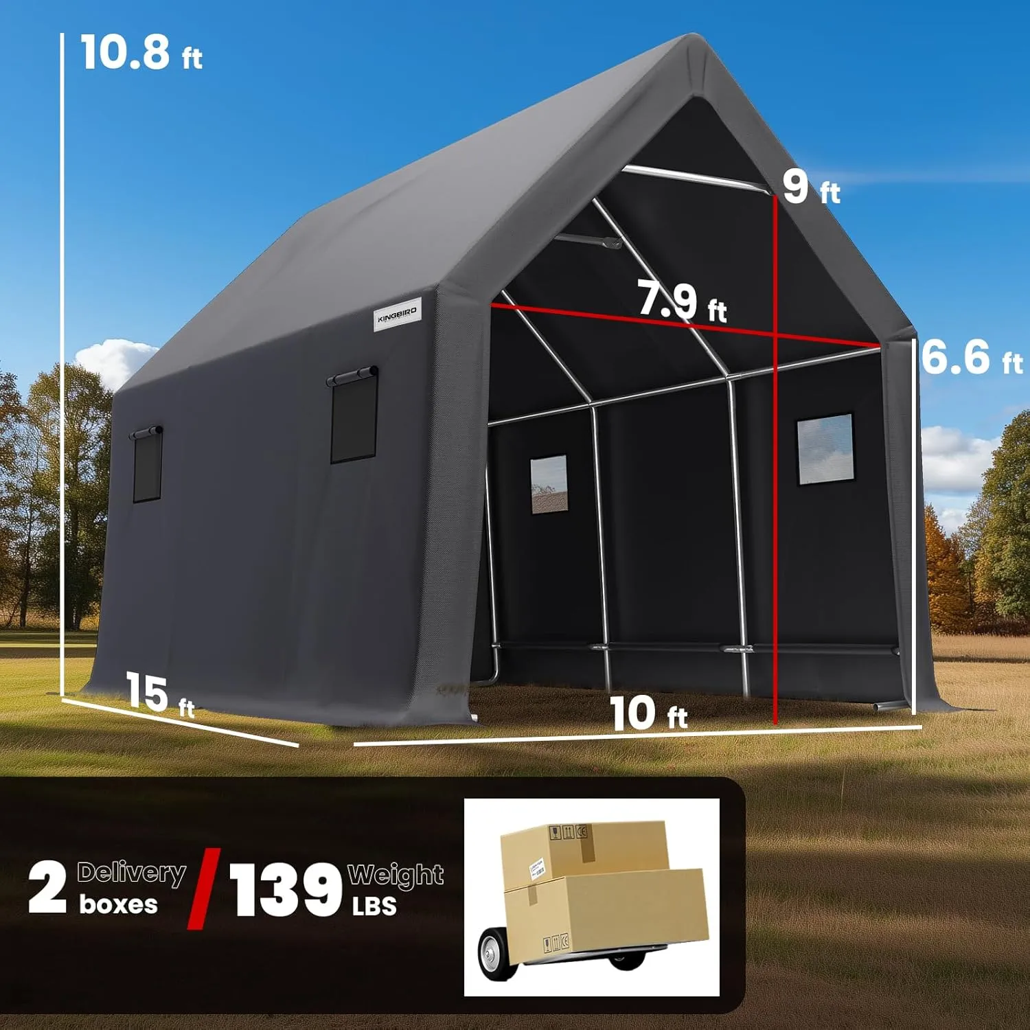 KING BIRD 10' x 15' x 10.8' Heavy Duty Anti-Snow Carport for SUV, Full-Size Truck and Boat, Outdoor Car Canopy Boat Shelter with Reinforced Ground Bars-Dark Gray